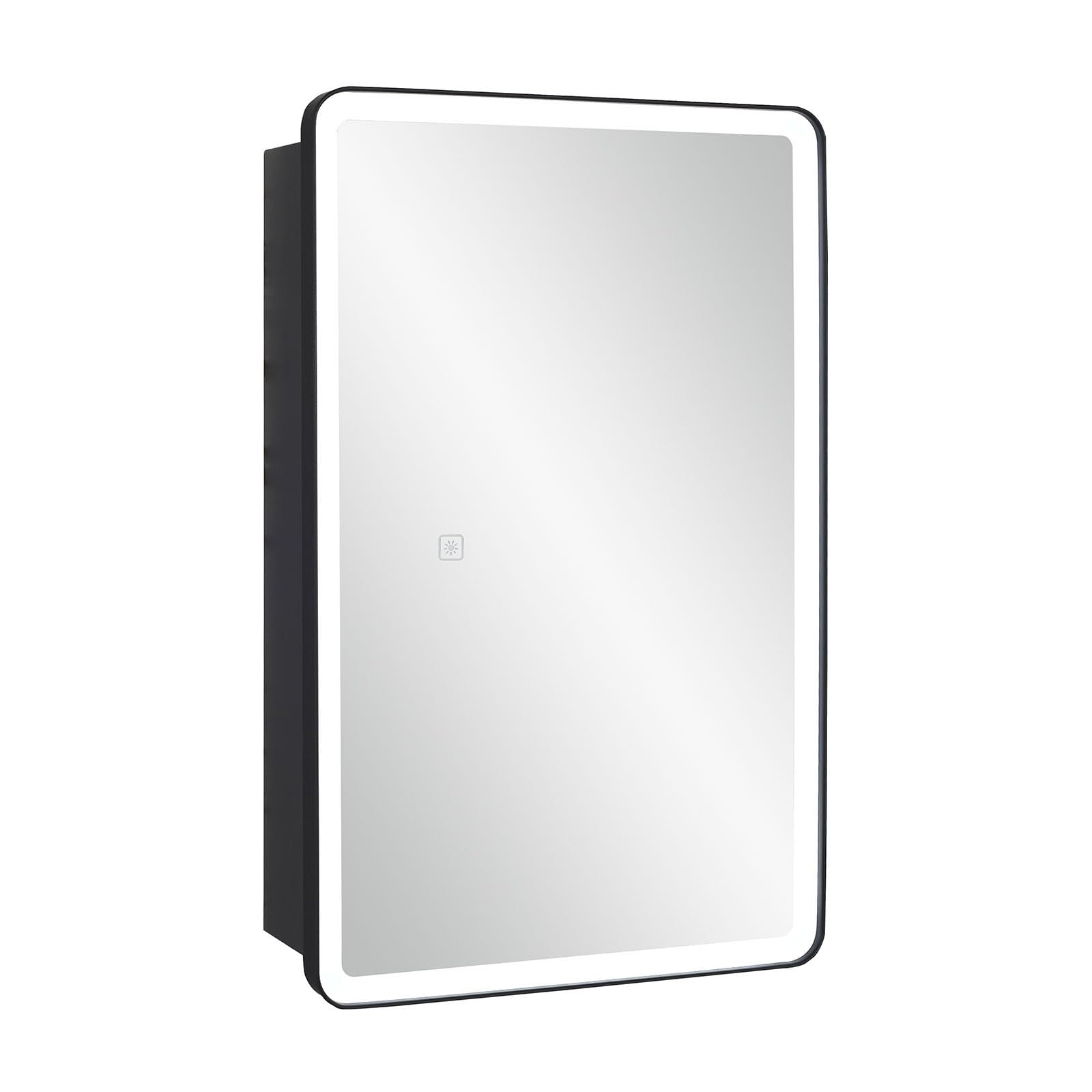15x25 Inch LED Bathroom Medicine Cabinet with Round Corner Framed Mirror - Right Hand Opening, Recessed/Surface Mount, Adjustable Glass Shelves for Vanity Storage & Makeup Organization (Perfect for Small Bathrooms & Powder Rooms)