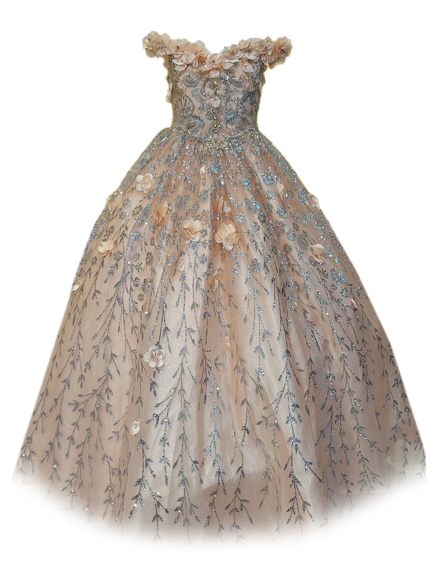 Sparkling Rhinestone Flower Applique Off-Shoulder Ball Gown for Girls Size 8-16 | Elegant Prom, Quinceañera & Special Occasion Dress