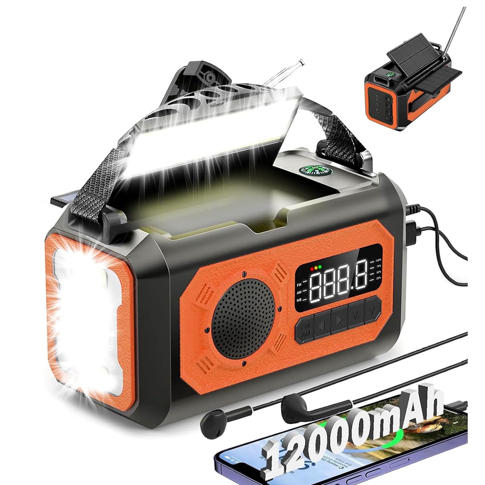 12000mAh Solar Hand Crank Emergency Radio with AM/FM/NOAA Weather Alert, USB Type-C Charging, LED Flashlight & Reading Lamp, SOS Alarm, Compass - Perfect for Outdoor Camping, Hiking and Emergency Preparedness (Orange)