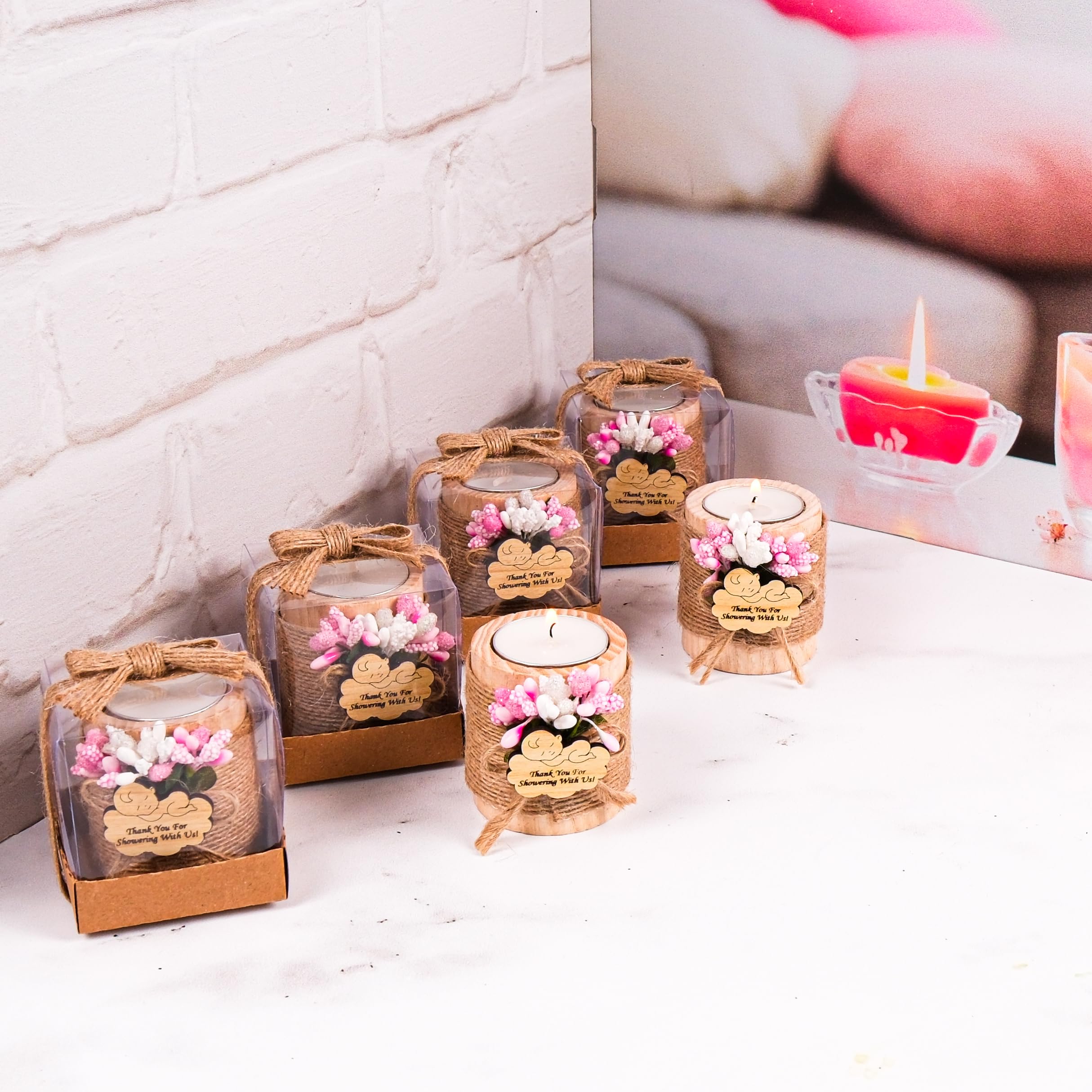 10 Pack Wooden Tealight Candle Holders for Baby Shower Decorations - Pink & Light Brown Baby Shower Gifts, Party Favors, Wedding Centerpieces, Romantic Home Decor