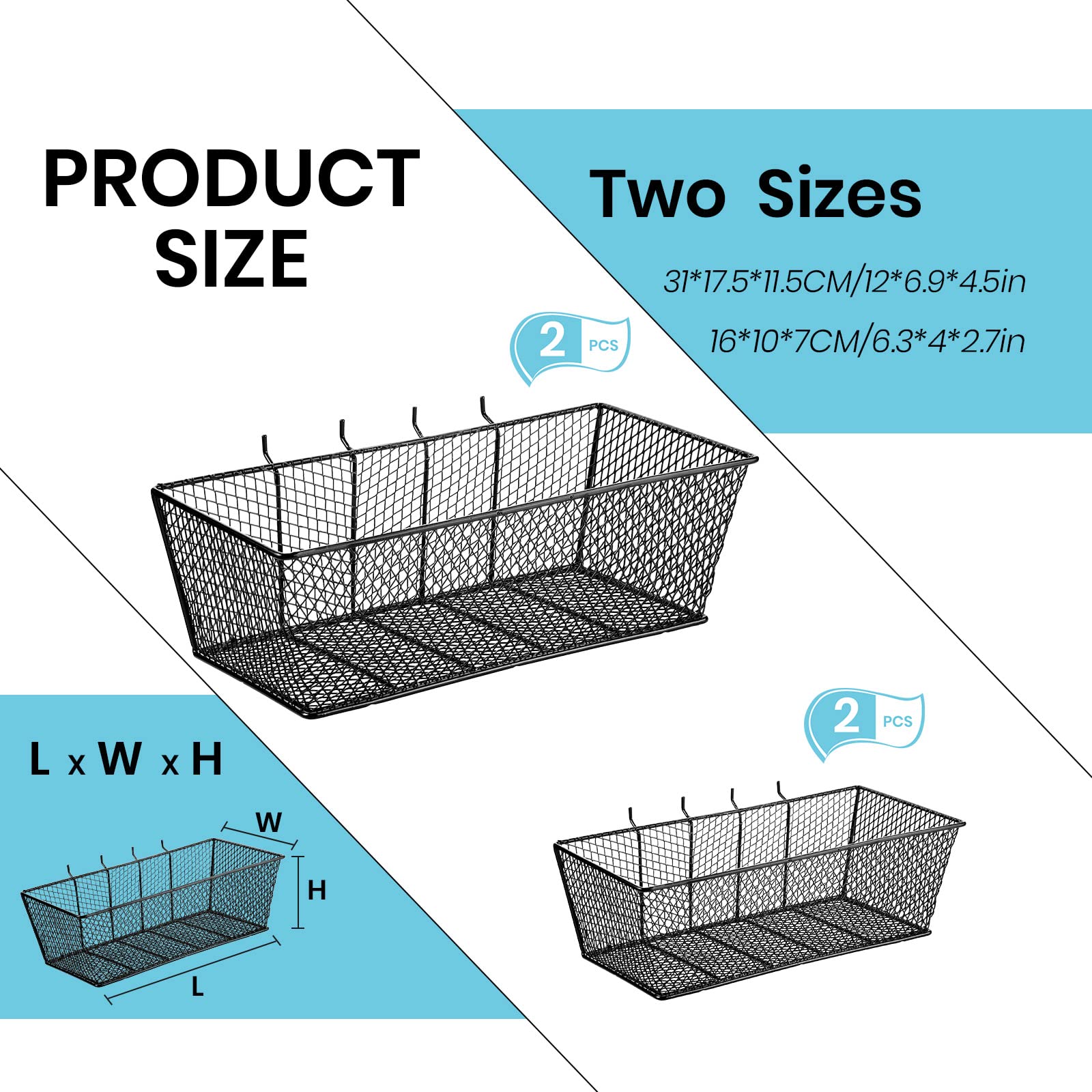 Sieral 4-Pack Black Pegboard Baskets - Metal Wire Shelf Organizers for Pegboard Wall Mount - Small & Large Size Tool Storage Accessories - Perfect for Garage, Workbench, Kitchen & Pantry Organization