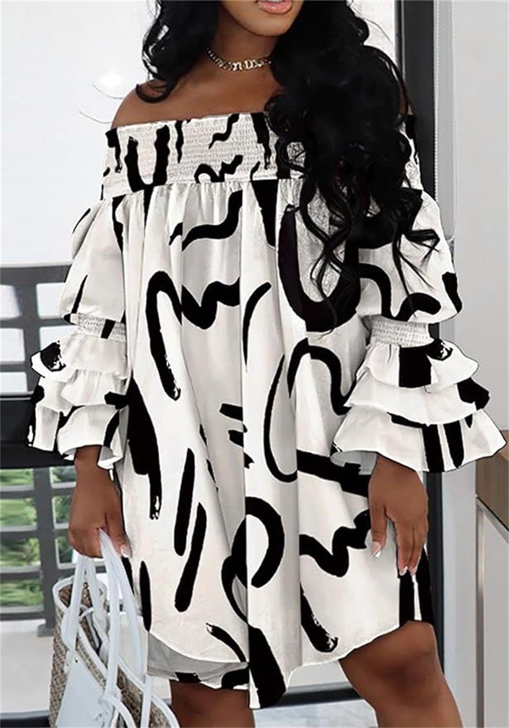 Women's Off Shoulder Ruffle Sleeve A-Line Pleated Midi Dress - Summer Flowy Plus Size Dress for Beach, Party & Date Night