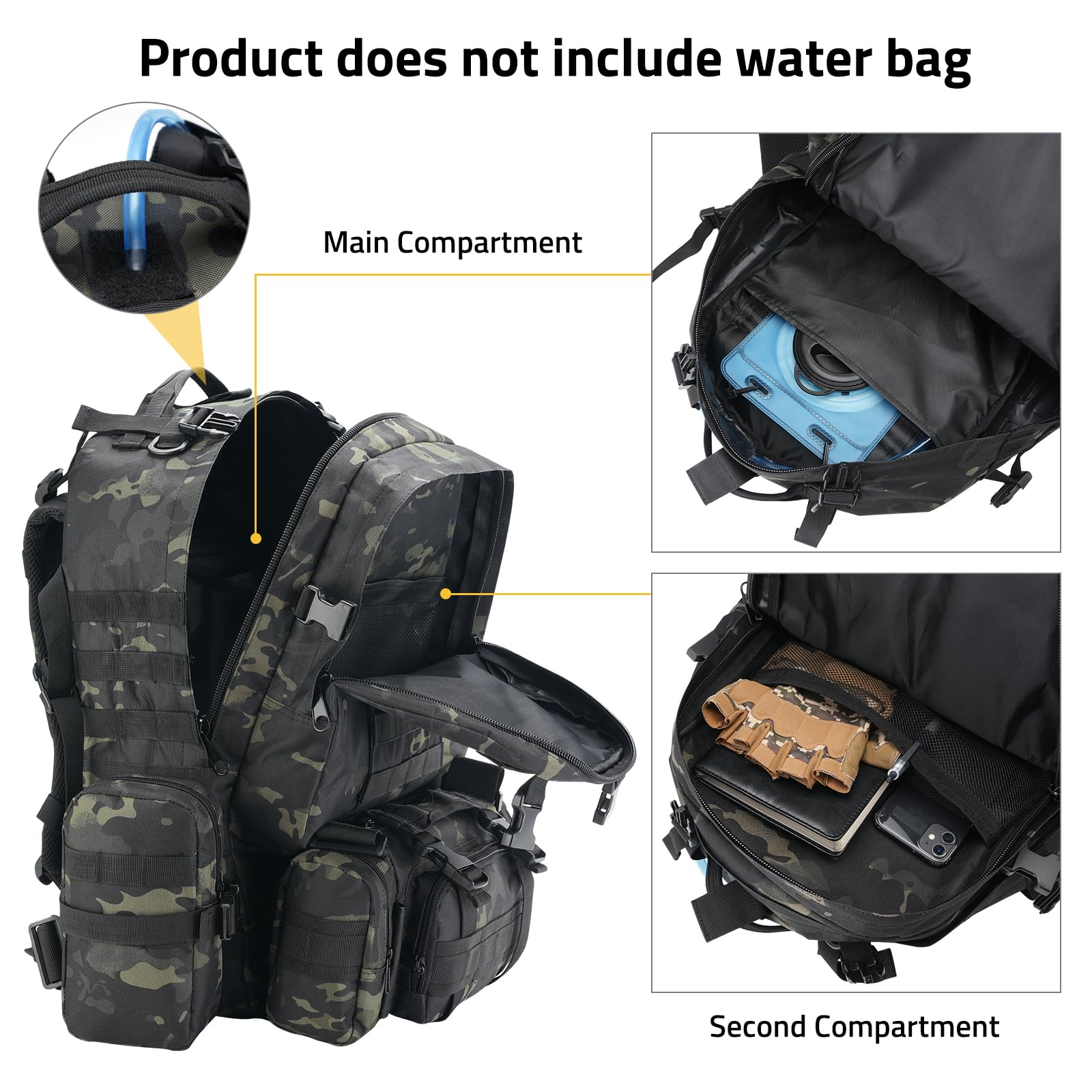 CVLIFE 60L Tactical Backpack for Men & Women - Military Large Army Rucksack with D-Ring, MOLLE Clips & Compass Accessories - 3 Day Bug Out Survival Bag for Hiking, Camping, Gym & Outdoor Adventures (Black)
