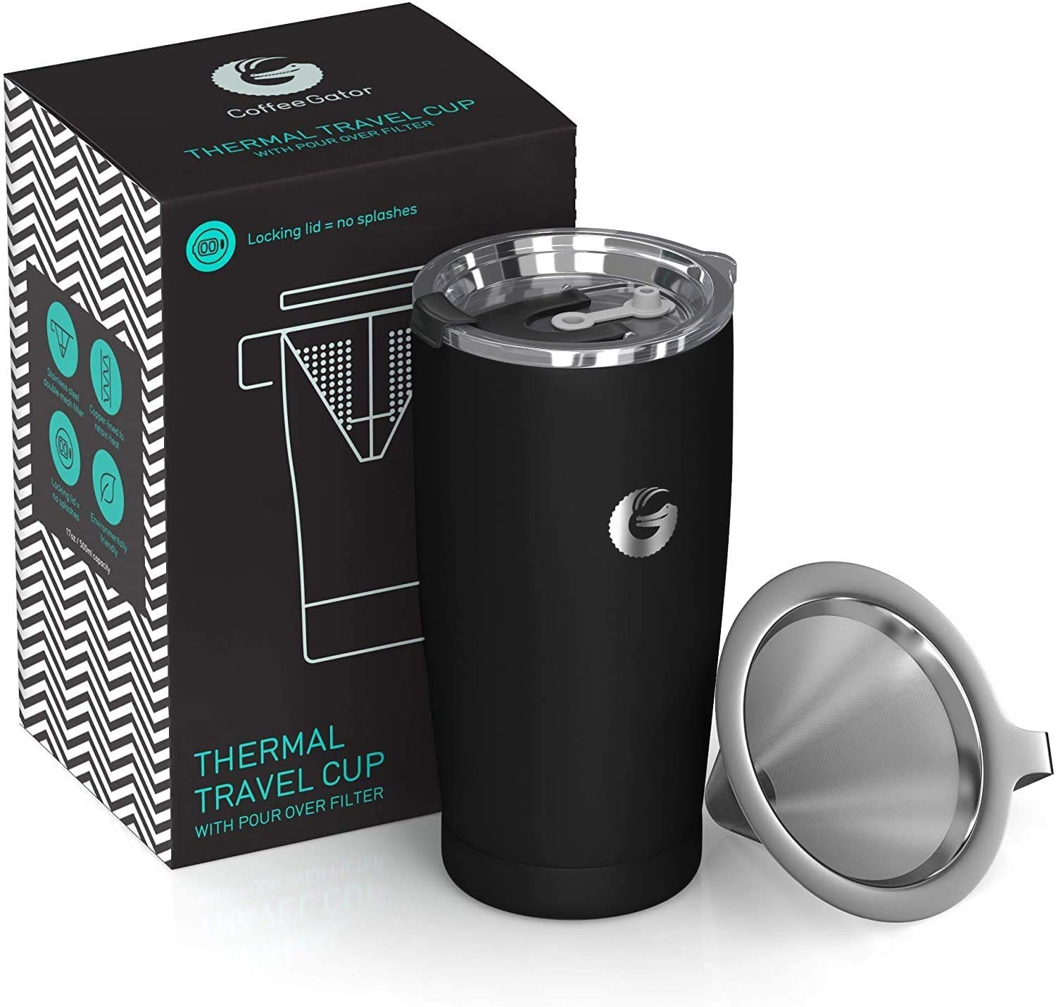 Coffee Gator 20 oz Stainless Steel Vacuum Insulated Travel Mug - Leakproof Lid & Paperless Dripper - Hot & Cold Beverage Tumbler for Coffee, Tea, Water - Perfect for Commuting, Office & Outdoor Activities (Black)