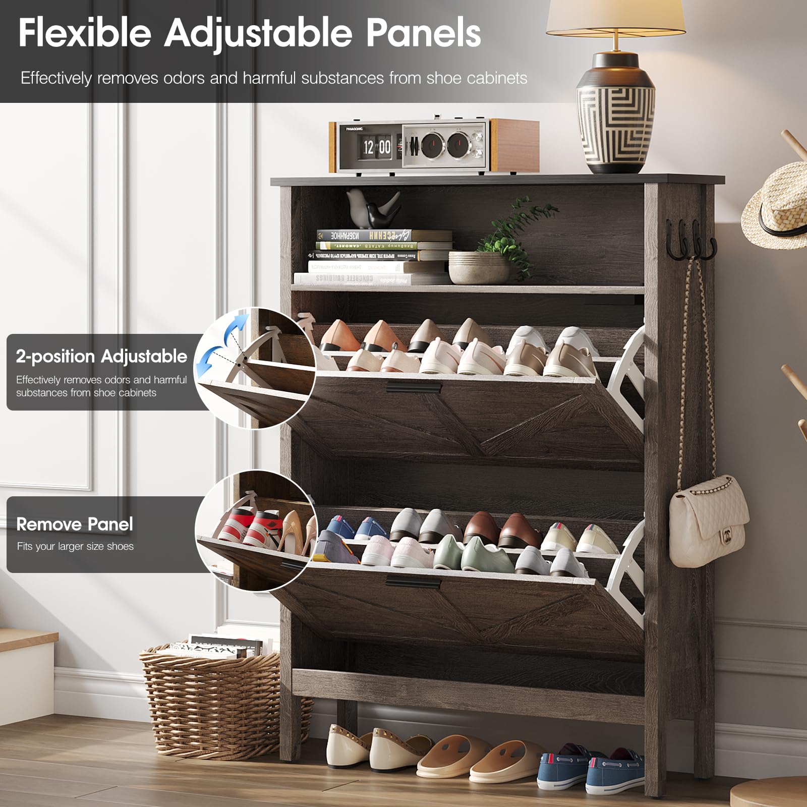 Shoe Storage Cabinet with 2 Flip Drawers - Automatic Deodorizing Shoe Organizer - Freestanding Grey Shoe Rack for Closet, Entryway & Bedroom Organization