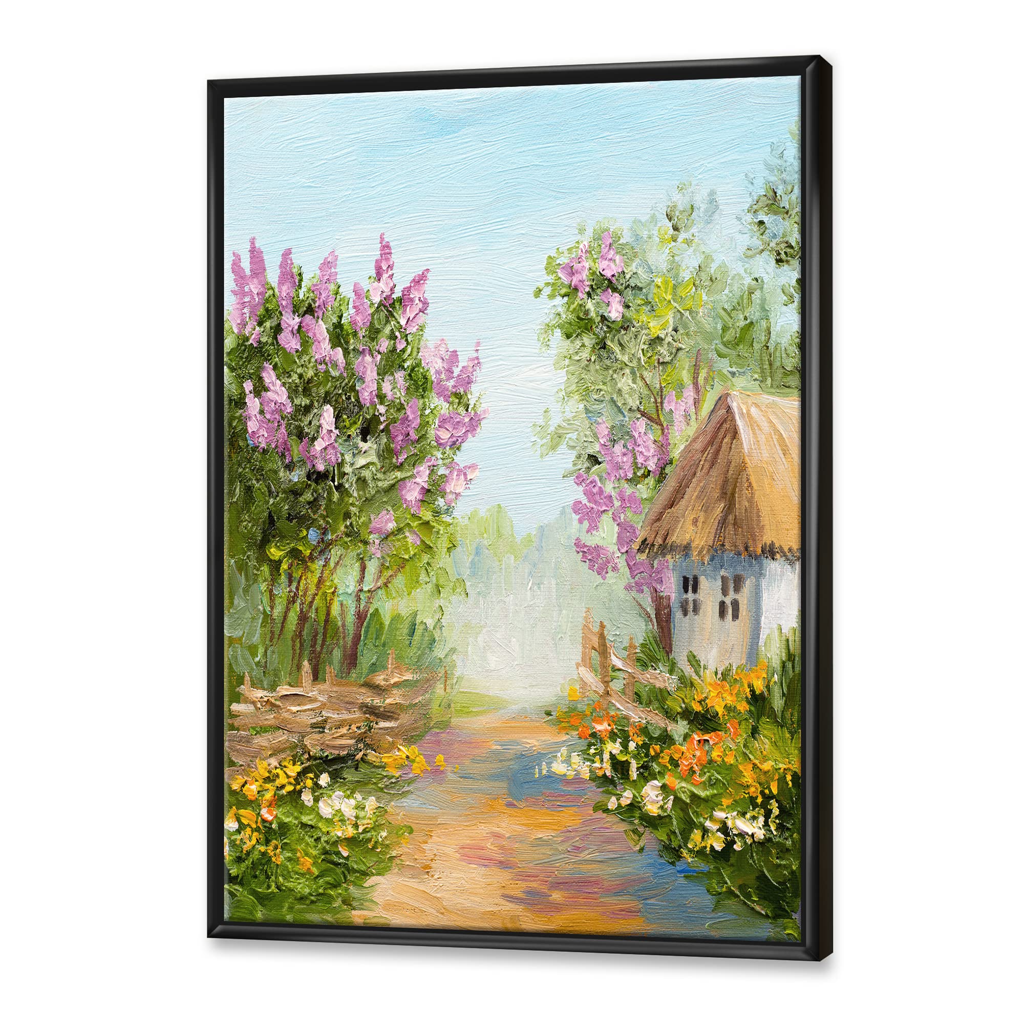 DesignQ Little House In The Blossoming Forest - Lake House Framed Canvas Wall Art Print for Living Room, Bedroom & Office Decor | Nature Landscape Painting Home Decoration