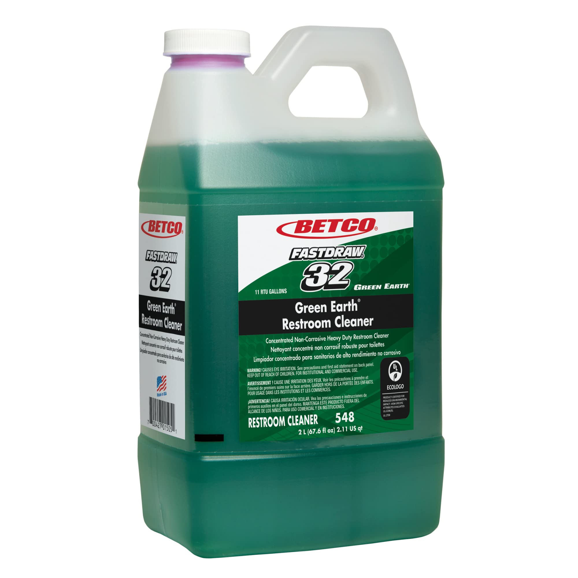 Betco® Green Earth® Eco-Friendly Restroom Cleaner - 2 Liters (Pack of 4) | Bathroom & Toilet Disinfectant for Commercial & Home Use | Heavy-Duty Degreaser for Tiles, Sinks & Fixtures