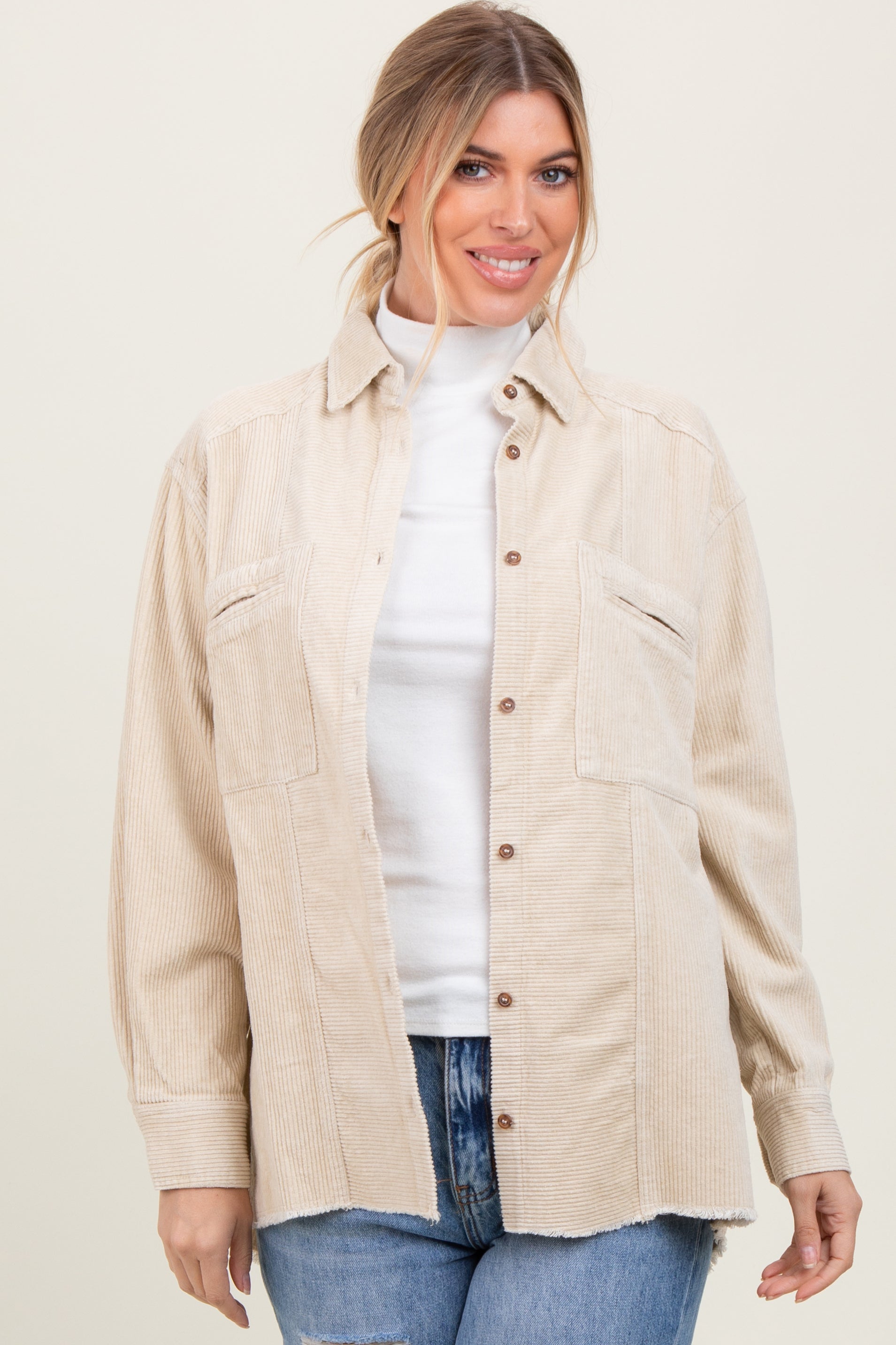 Beige Corduroy Fringe Hem Maternity Shirt Jacket for Women - Soft Stretch Pregnancy Cardigan - Perfect for Casual Outfits, Nursing & Maternity Photos