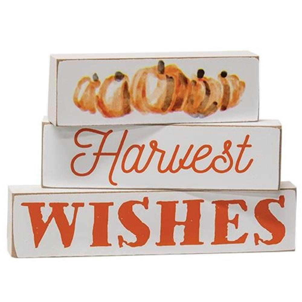 3-Piece Harvest Wishes Decorative Blocks Set - Rustic Farmhouse Home Decor for Thanksgiving, Fall Season & Holiday Table Centerpiece
