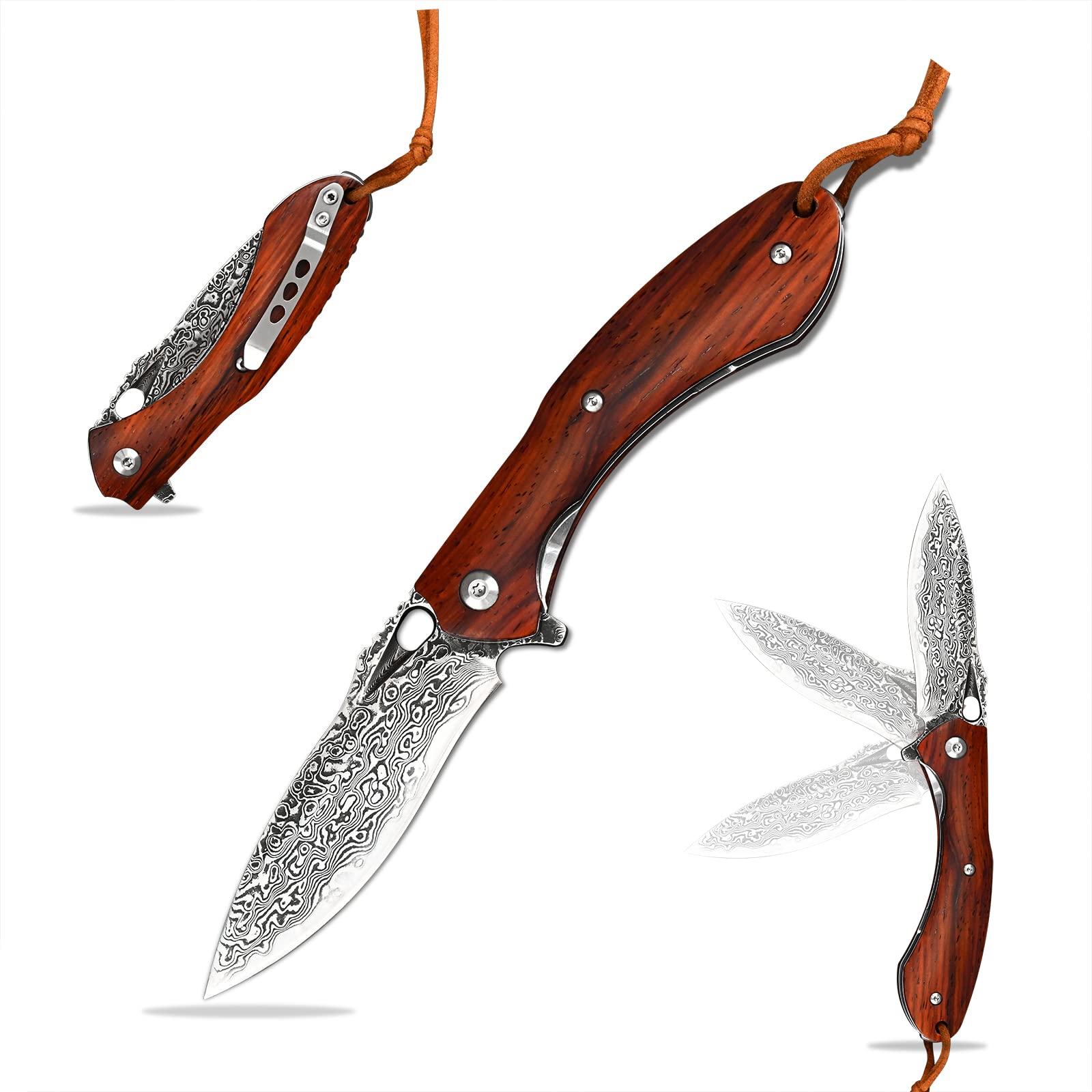 SDOKEDC SD603A VG10 Damascus Folding Pocket Knife - Tactical Military Flipper Knife with Ball Bearing, Yellow Sandalwood Handle & Liner Lock - Perfect for Outdoor Camping, Survival, Hunting, Self Defense & Everyday Carry (EDC)