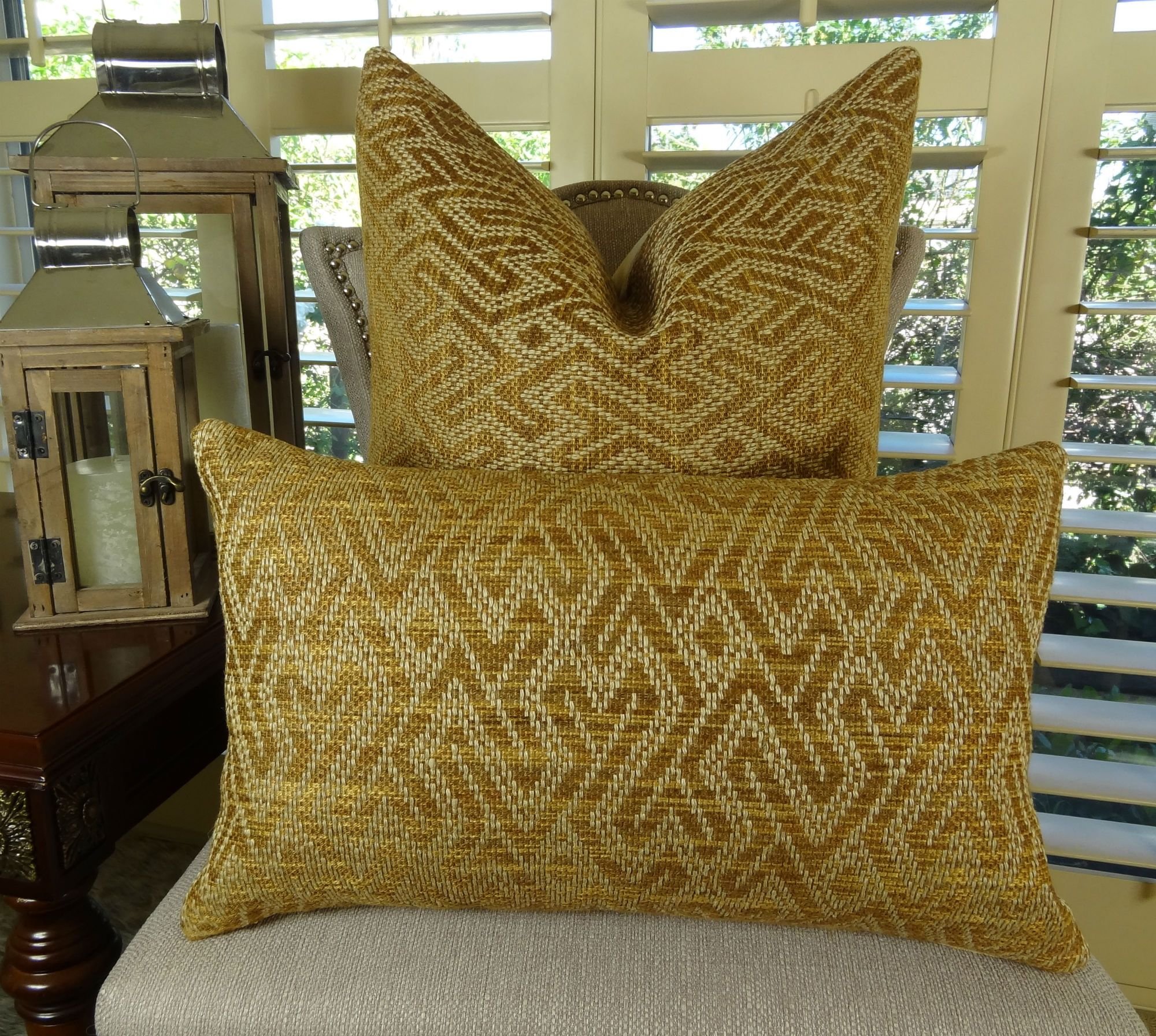 Modern Geometric Throw Pillow - Tan Ivory Graphic Maze Design - Handmade in USA - Decorative Couch & Sofa Pillow for Living Room, Bedroom, or Office Decor