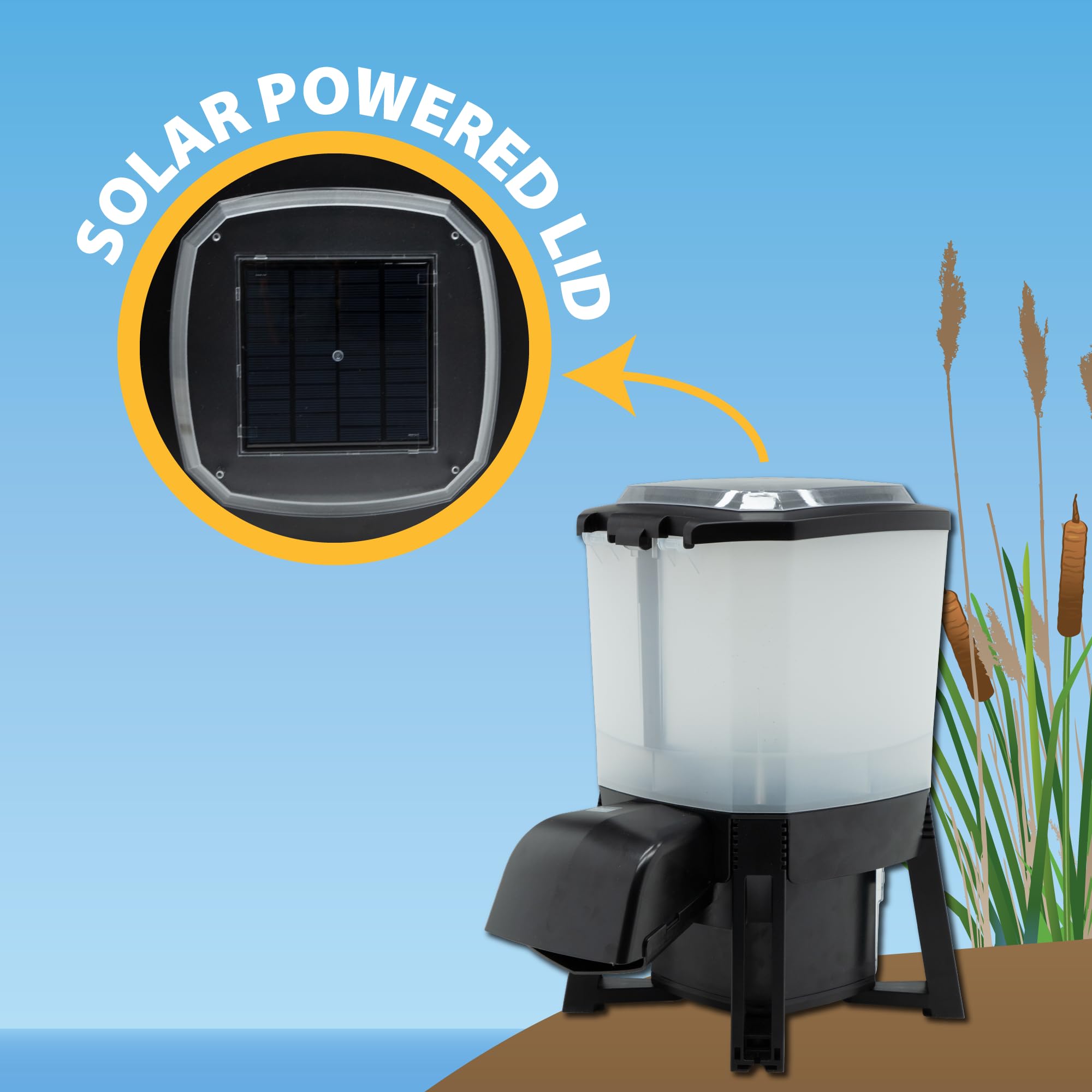 The Pond Guy KoiGrower Automatic Pond Fish Food Dispenser - Solar, Battery & AC Powered Koi Pellet Feeder with 5 Gallon Capacity - Perfect for Outdoor Koi Ponds & Water Gardens