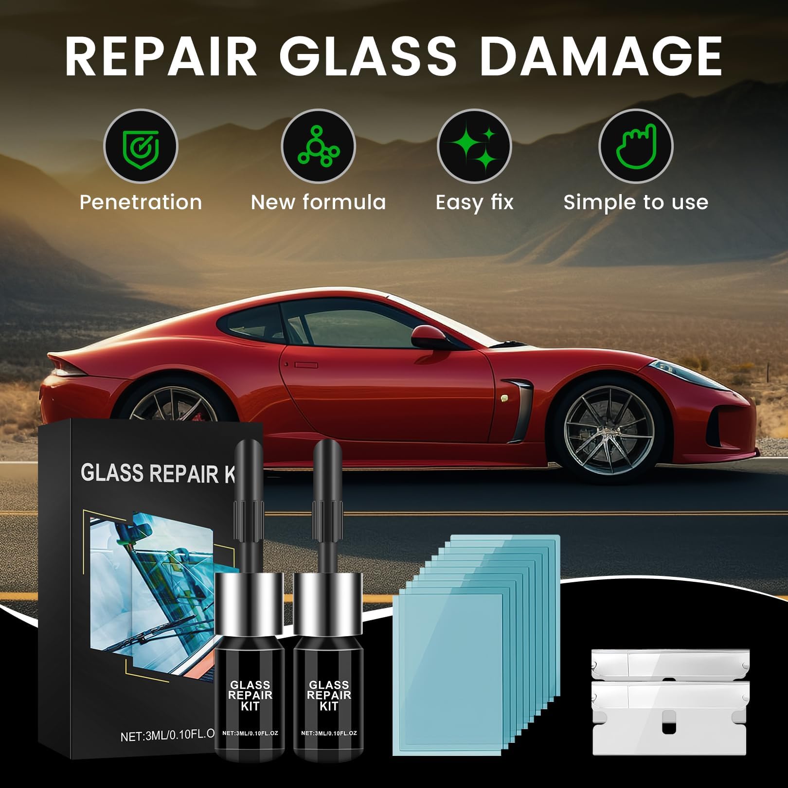 Windshield Repair Kit - 2 Bottles Car Glass Crack & Chip Repair Fluid - Quick Fix for Chips, Cracks, Bulls-Eye & Star-Shaped Damage (Black) | DIY Auto Glass Repair for Cars, Trucks & SUVs