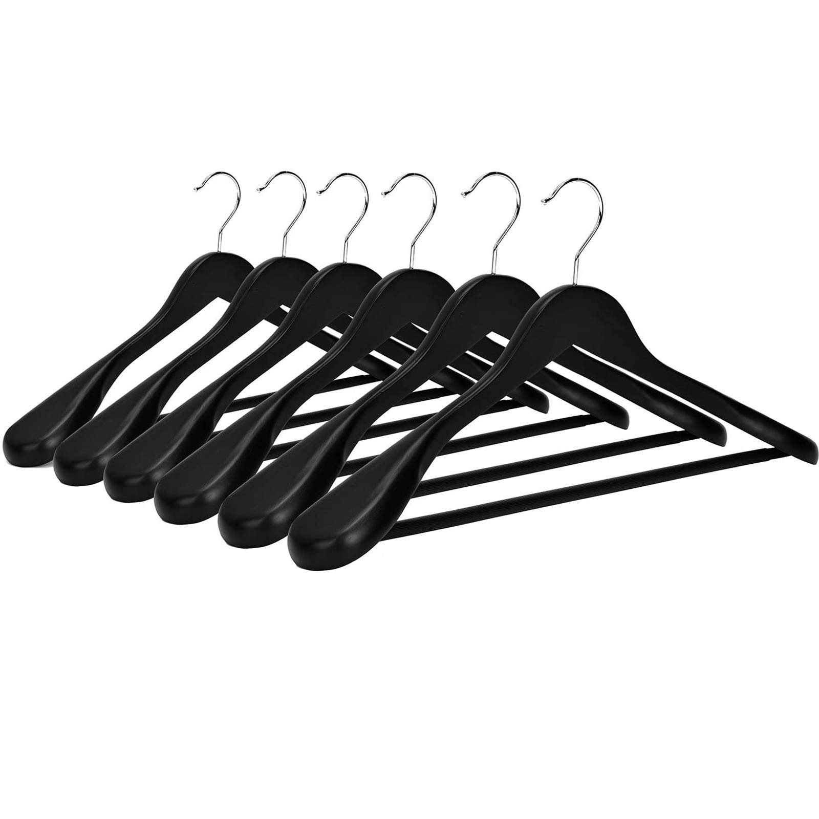 Premium 6-Pack Wooden Suit Hangers with Non-Slip Pant Bar - Extra Wide Shoulder, Smooth Splinter-Free Black Finish for Closet Organization & Luxury Garment Storage