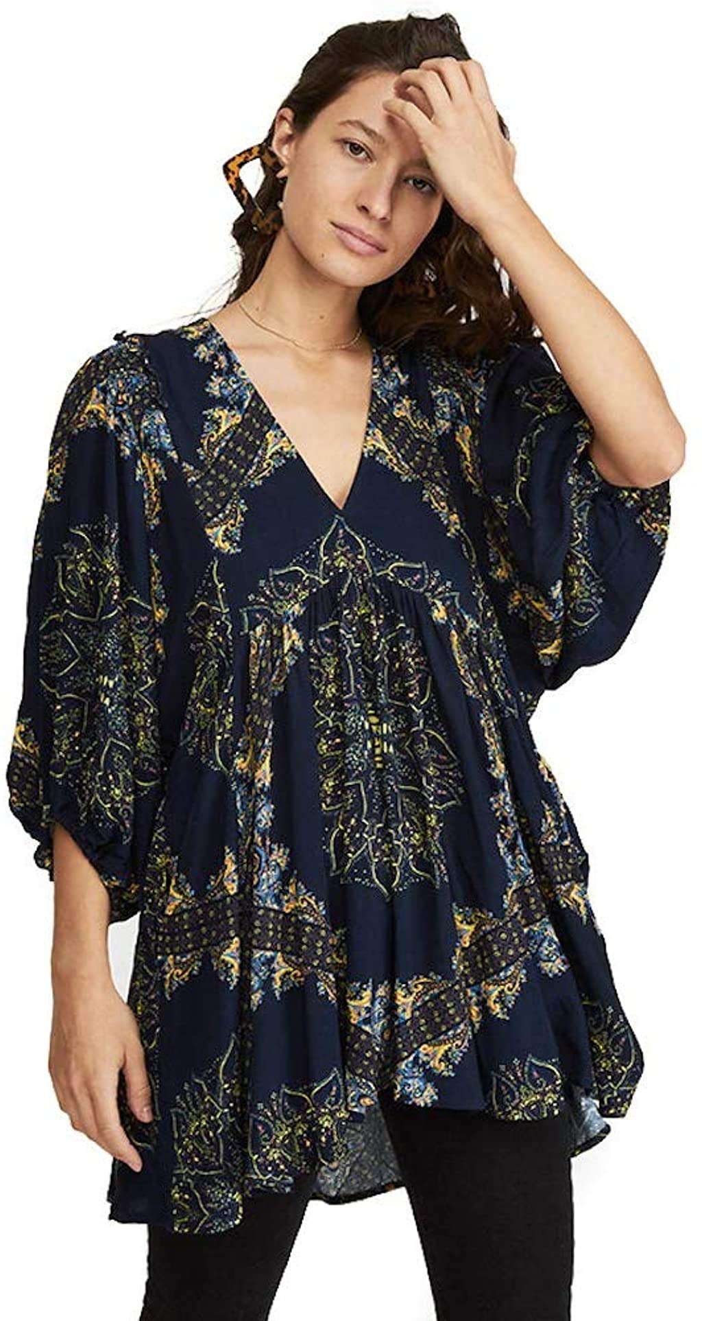 Free People Women's Girl Talk Printed V-Neck Tunic Top - Stylish Flowy Blouse for Casual Outings, Date Nights & Boho Fashion