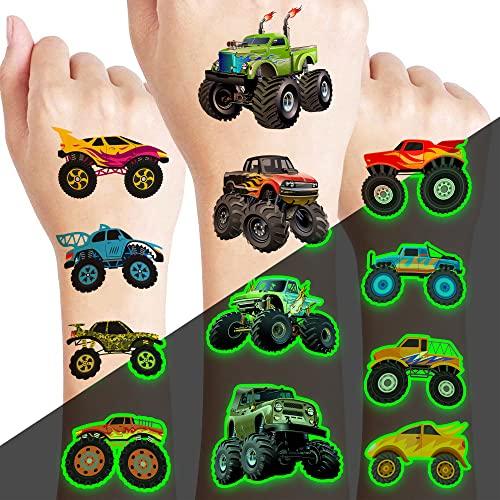 Glow in The Dark Monster Truck Temporary Tattoos for Kids - 96PCS Luminous Tattoo Stickers for Birthday Party Supplies, Classroom Prizes, School Rewards & Themed Decorations - Perfect for Boys & Girls Party Favors, Gifts & Fun Activities