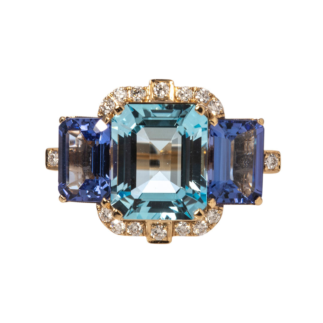Goshwara 3 Stone Blue Topaz & Tanzanite 18K Gold Ring for Women | Elegant Birthstone Jewelry Gift for Anniversary, Engagement & Special Occasions