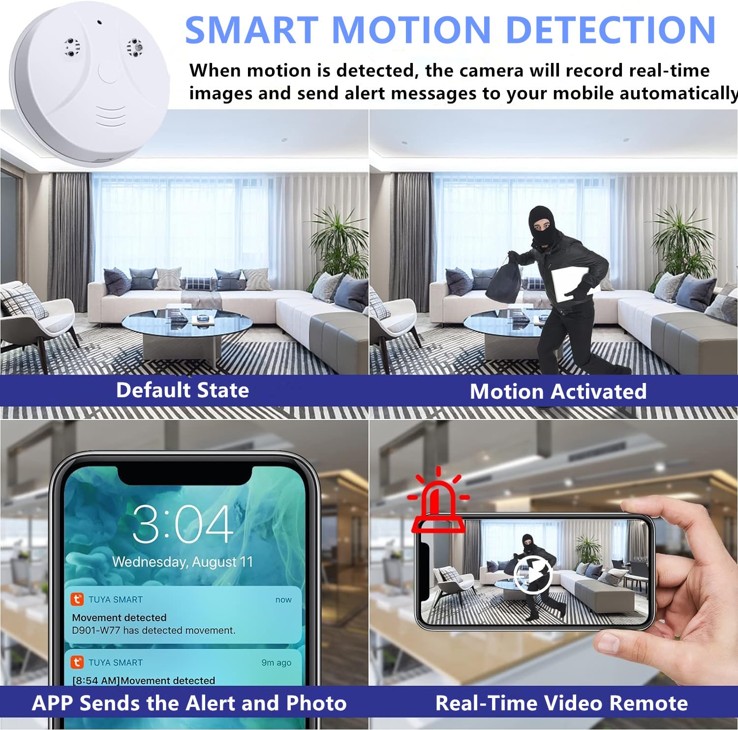 Hidden Smoke Detector Camera - 1080P HD WiFi Wireless Mini Spy Camera with Night Vision & Motion Detection for Home Security | Indoor Surveillance for Baby Monitor, Nanny Cam, Office Safety