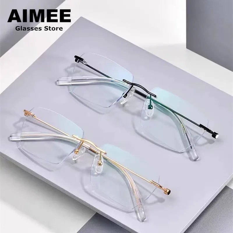Aimee Men's Rimless Square Polygon Titanium Eyeglasses 14256 - Lightweight Durable Titanium Frame for Work, Reading & Driving