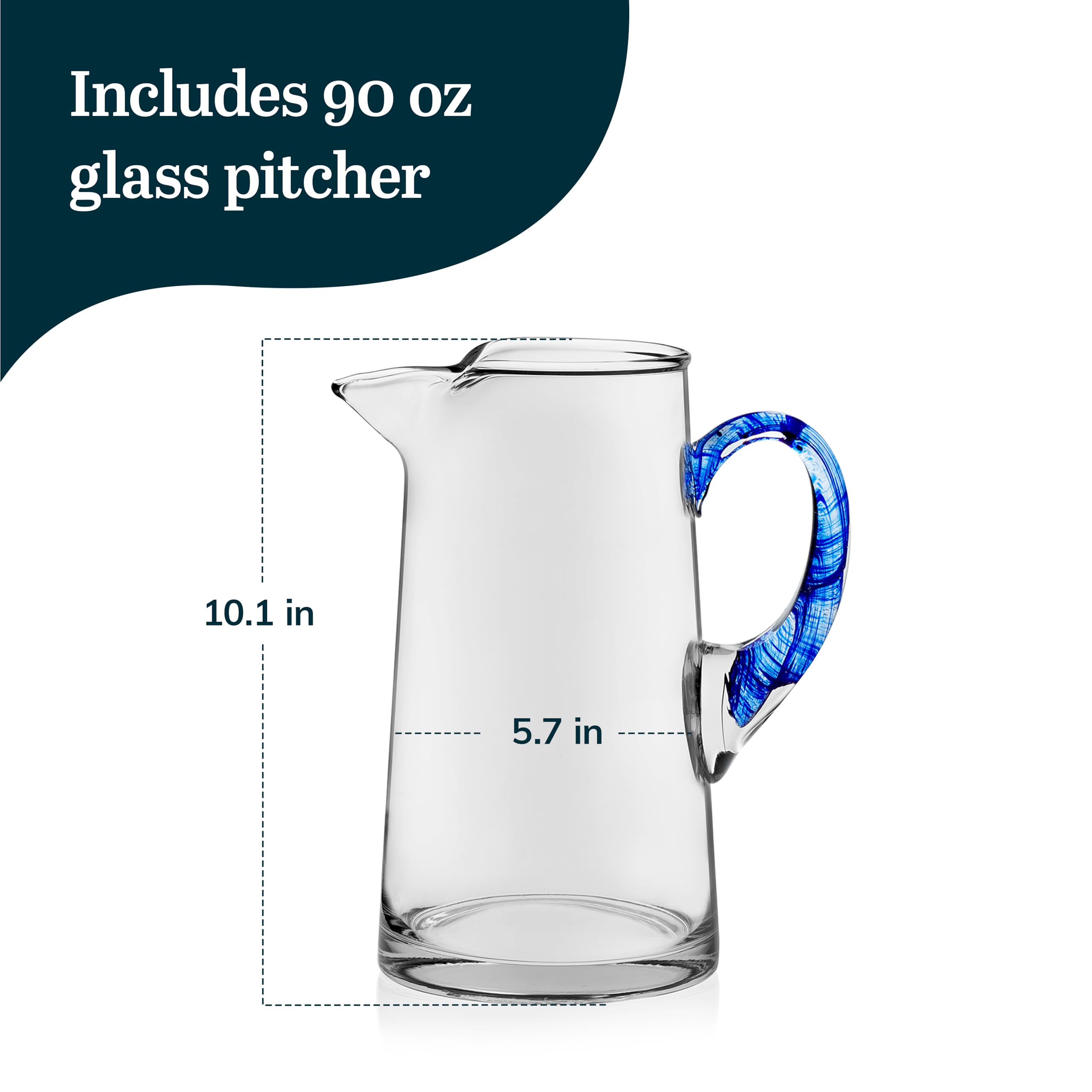 Libbey Cabos 90 Oz Large Glass Pitcher with Spout & Blue Handle - Handcrafted Artisan Water Carafe for Kitchen, Dining Table, Iced Tea & Lemonade Serving - BPA-Free Beverage Dispenser for Parties & Entertaining