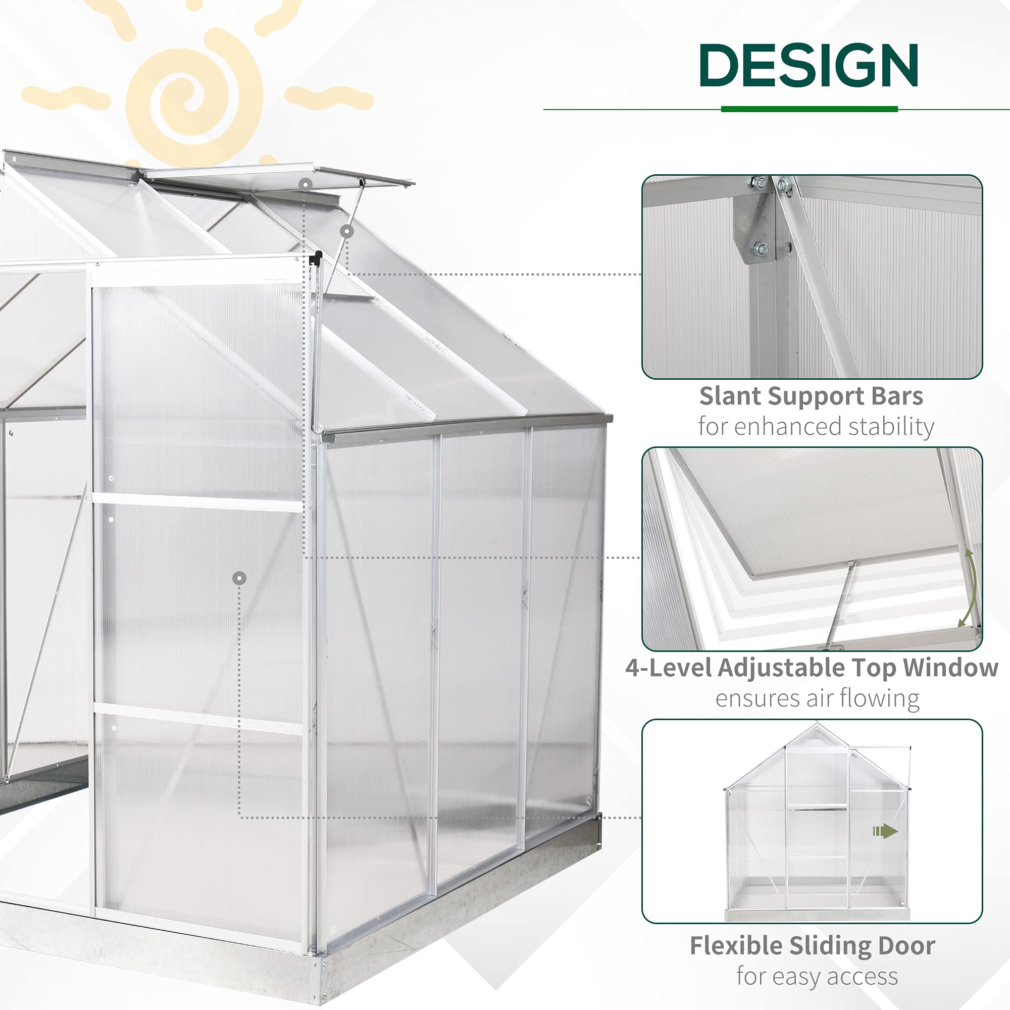 Outsunny 6x6 FT Walk-in Greenhouse Kit with Polycarbonate Panels & Aluminum Frame - Sliding Door & Roof Vent for Gardening, Plant Growing - Perfect for Backyard, Patio, or Balcony Use