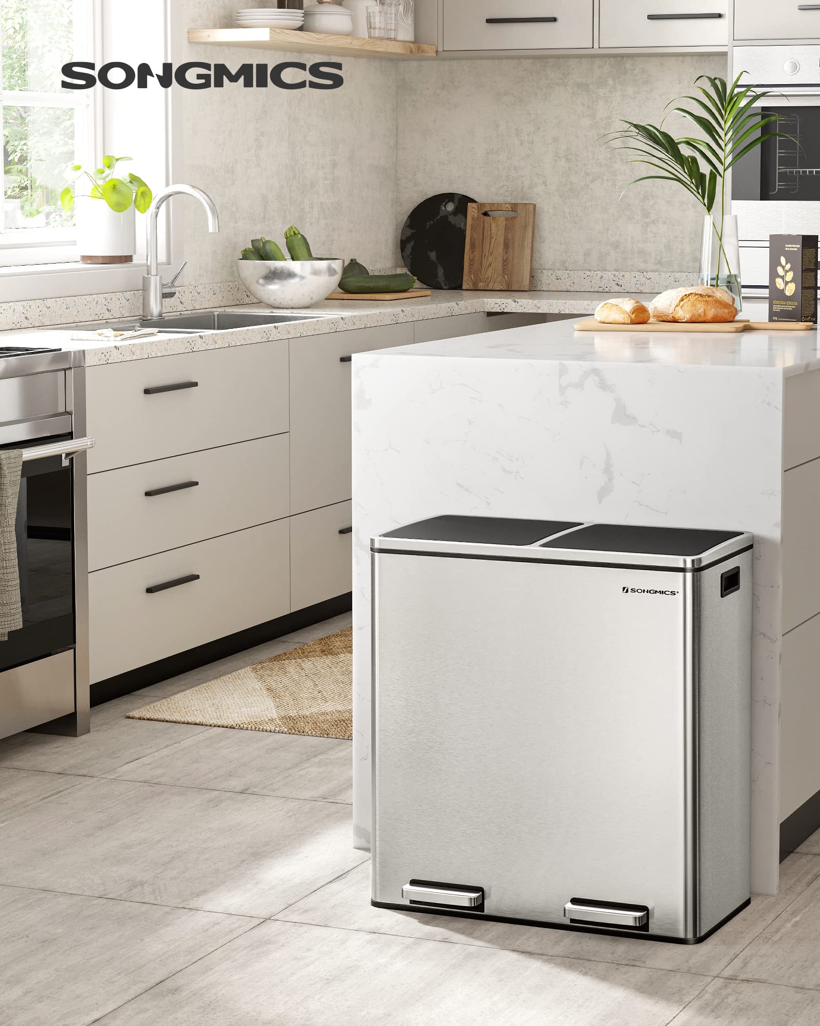 SONGMICS 8 Gallon (30L) Dual Compartment Trash Can with Hinged Lid - Airtight Kitchen Garbage Bin, Includes 15 Trash Bags & Plastic Inner Buckets, Silver & Black (ULTB60NL) - Perfect for Home, Office, and Restaurant Waste Disposal