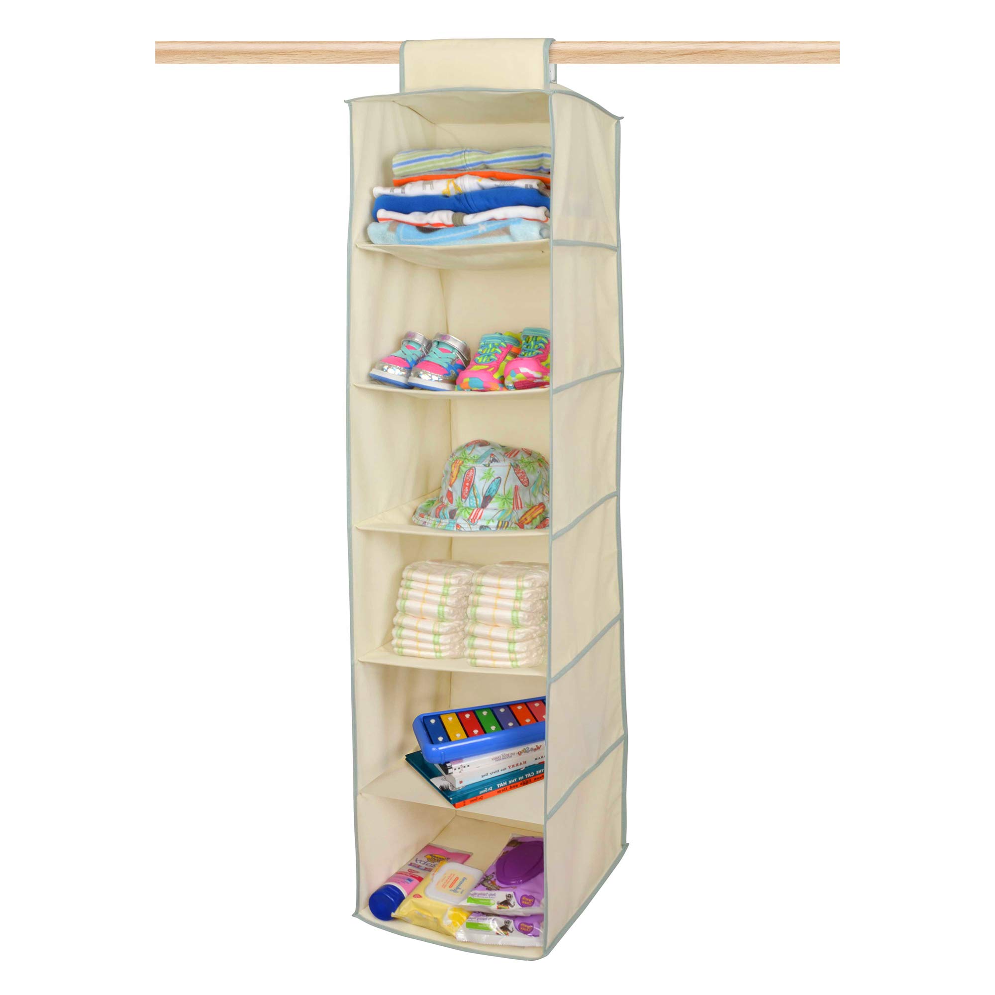 Smart Design 6-Tier Shelf Cubby Hanging Organizer with Hook & Loop - VentilAir Breathable Material for Clothing, Accessories & Closet Storage - Beige with Slate Trim - Perfect for Bedroom, Bathroom & Home Organization