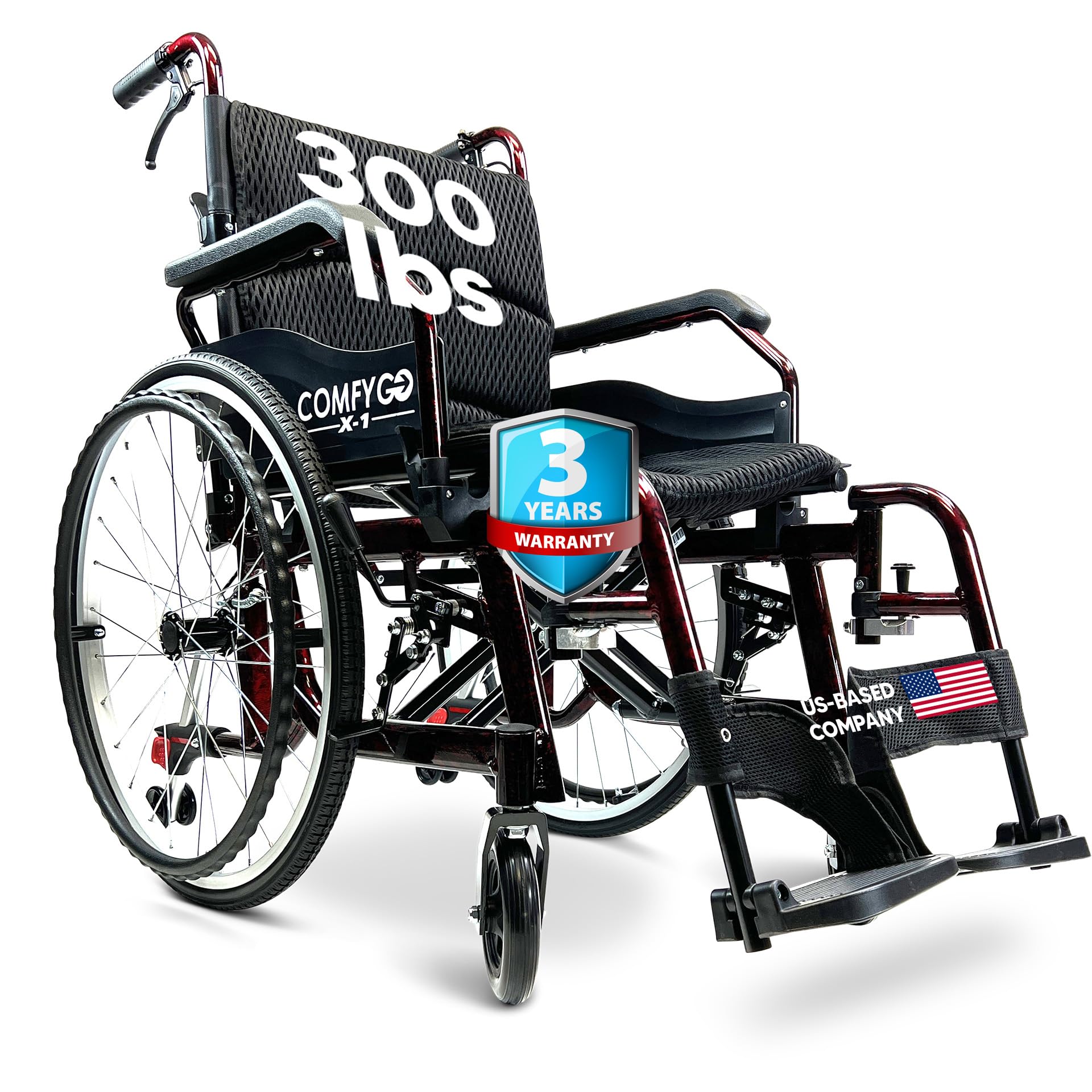 Ultra Lightweight Foldable Manual Transport Wheelchair for Adults - 17.5 Inch Ergonomic Seat, Adjustable Leg Rests & Wide All-Terrain Wheels - Portable Medical Wheelchair (Red) - Perfect for Travel, Hospitals, and Outdoor Mobility
