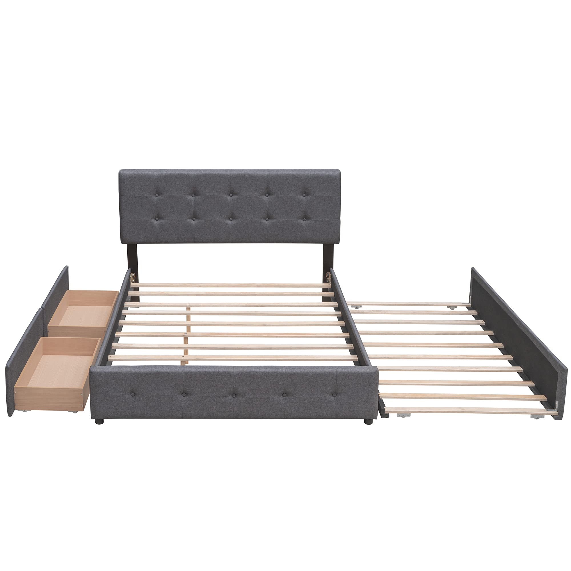 Queen Size Upholstered Platform Bed with 2 Storage Drawers & Twin XL Trundle - Linen Fabric Wooden Bed Frame in Dark Gray | Space-Saving Storage Solution for Small Bedrooms & Guest Rooms