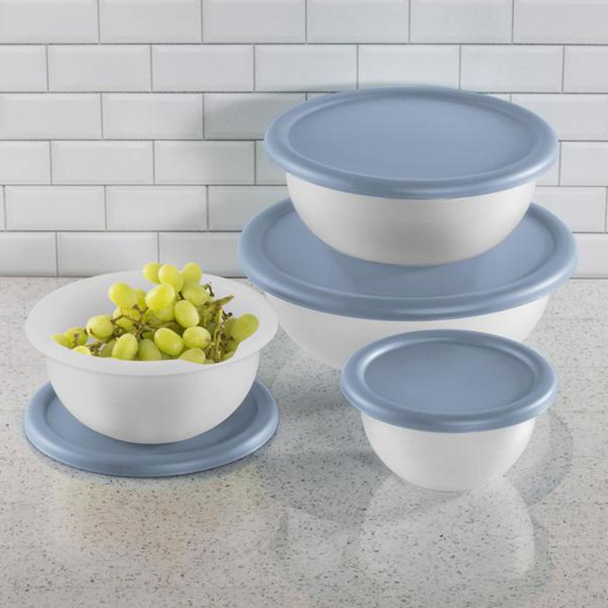 Sterilite 18-Piece Plastic Nesting Mixing Bowls Set with Lids & Pour Spouts - BPA-Free Food Storage Containers for Meal Prep, Baking, Cooking & Leftovers - Durable Kitchen Organizers in Washed Blue