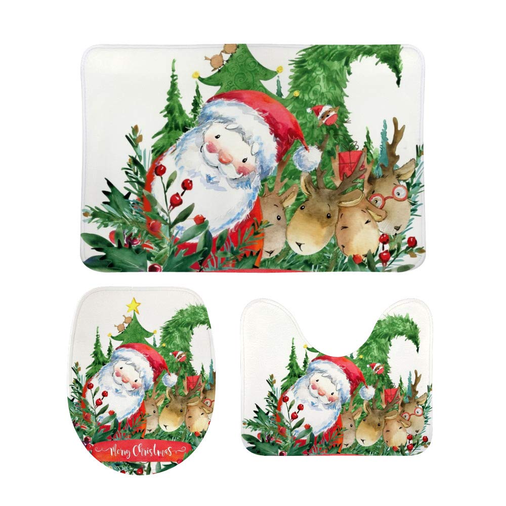 3-Piece Christmas Bathroom Rug Set - Non-Slip Santa Claus Reindeer Tree Contour Mat, Toilet Lid Cover & Bath Mat for Holiday Home Decor