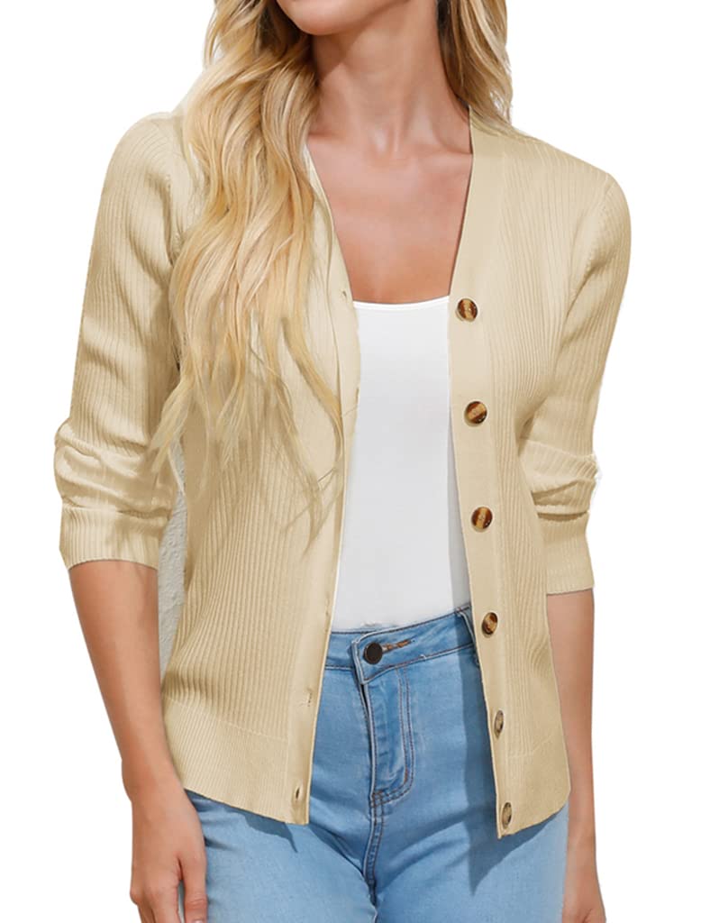GRACE KARIN Women's Button Down V-Neck Long Sleeve Ribbed Knit Cardigan Sweater - Cozy Fall & Winter Layering Piece for Office, Casual Outfits and Date Nights