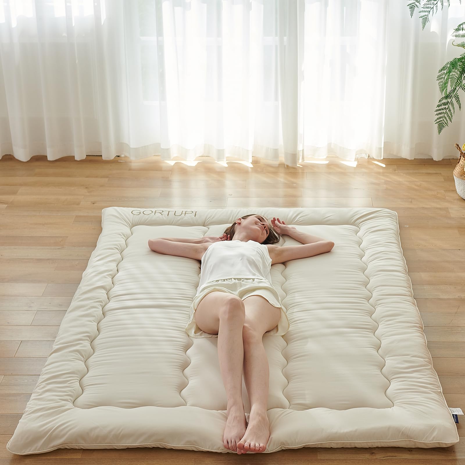 Japanese Twin Foldable Futon Mattress - Roll Up Tatami Floor Bed Mattress for Guest Room, Dorm & Small Spaces, Beige | Portable Floor Sleeping Solution for Apartments & Camping