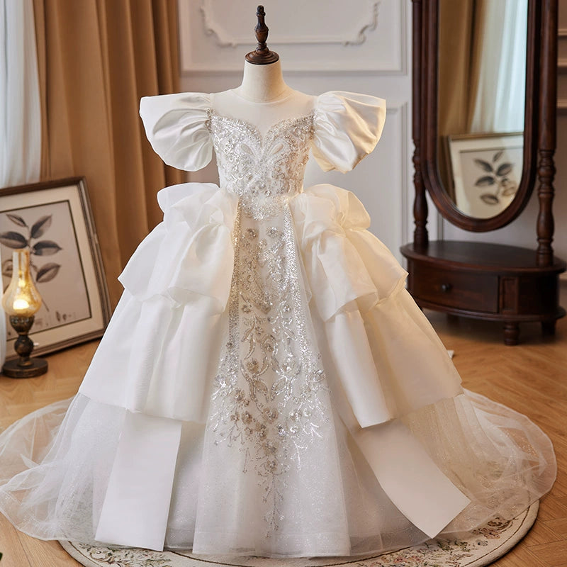 Princess Round Neck Floor Length Satin Flower Girl Dress for Weddings - White Flower Girl Dress for Bridal Party, First Communion, Pageants & Special Occasions