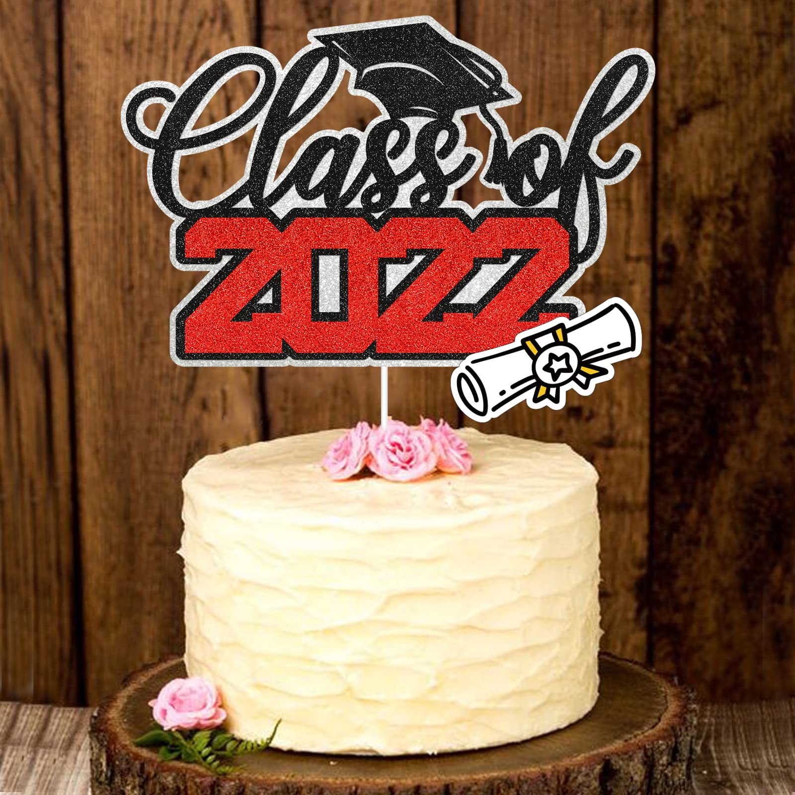 Class of 2022 Graduation Cake Topper - Gold & Black Graduation Cap Cake Decorations for High School & College Grad Parties - Perfect for Graduation Cakes, Cupcakes and Dessert Tables