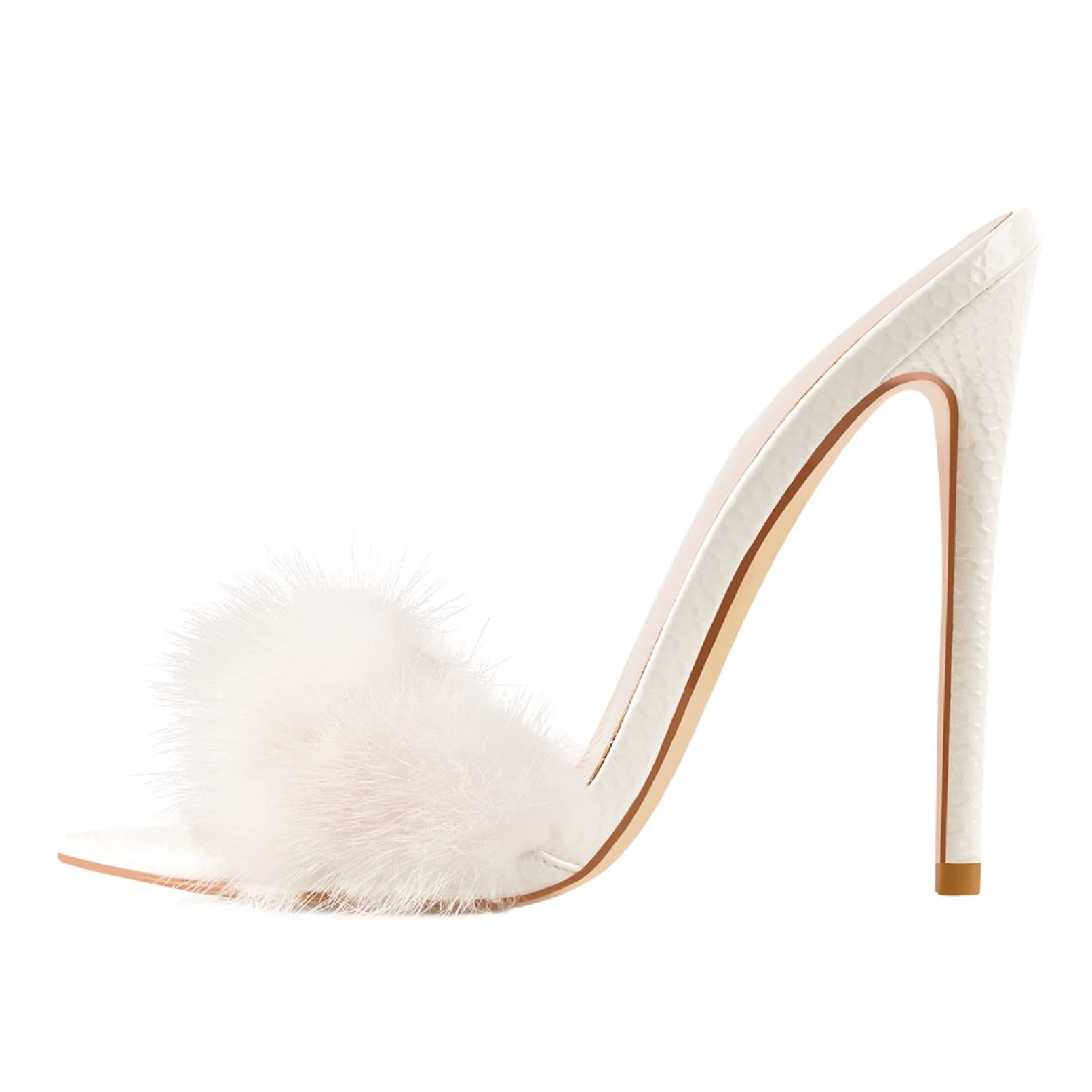 Richealnana Women's Fuzzy Fur Mules Slip-On High Heel Sandals - Comfortable House Slippers & Fashionable Lounge Shoes for Women