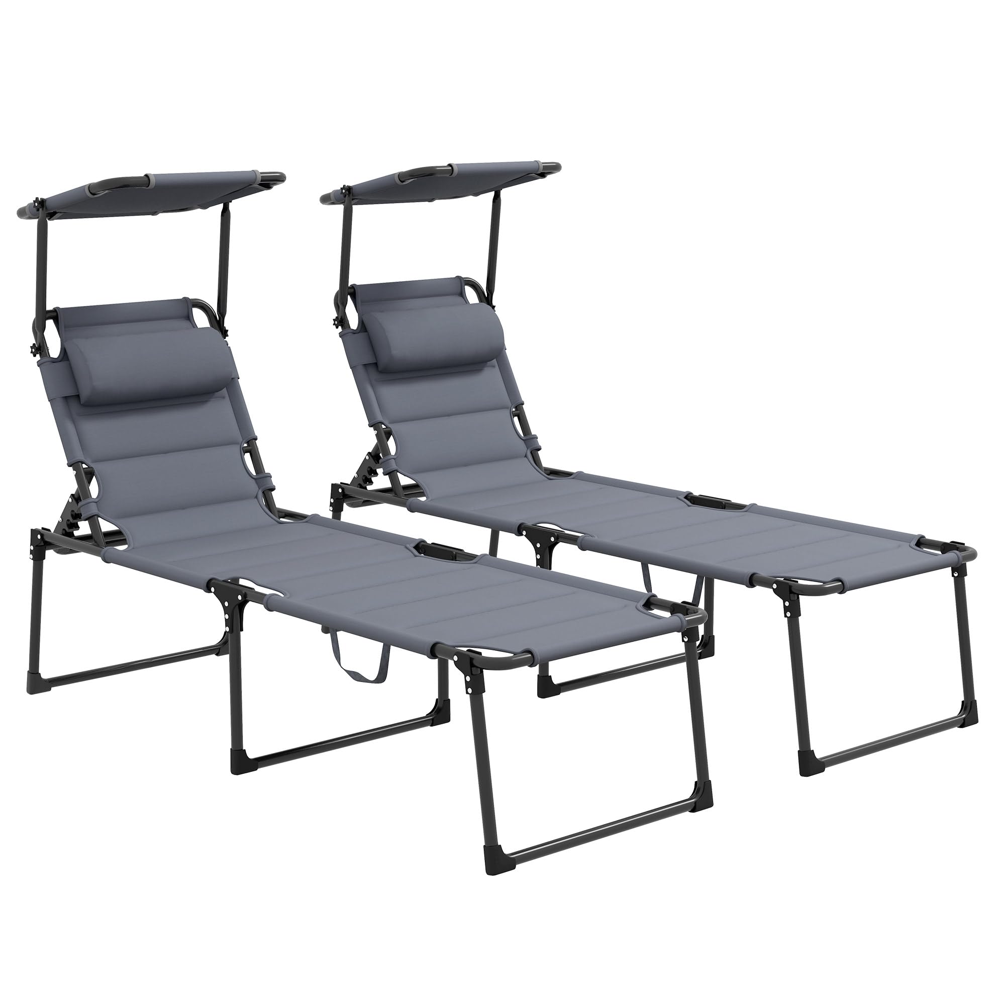 Outsunny 2-Piece Outdoor Lounge Chair Set with Adjustable Backrest - Foldable Chaise Lounge with Cushion, Sunshade Roof & Pillow Headrest - Perfect for Beach, Poolside, Camping & Backyard Relaxation (Gray)