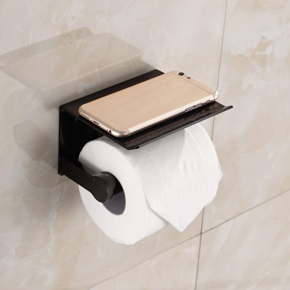 Wall Mounted Matte Black Standing Toilet Paper Holder & Towel Rack with Punch Hole Shelf - Bathroom Tissue Dispenser & Storage Solution for Modern Homes | Perfect for Small Spaces, Apartments & Powder Rooms