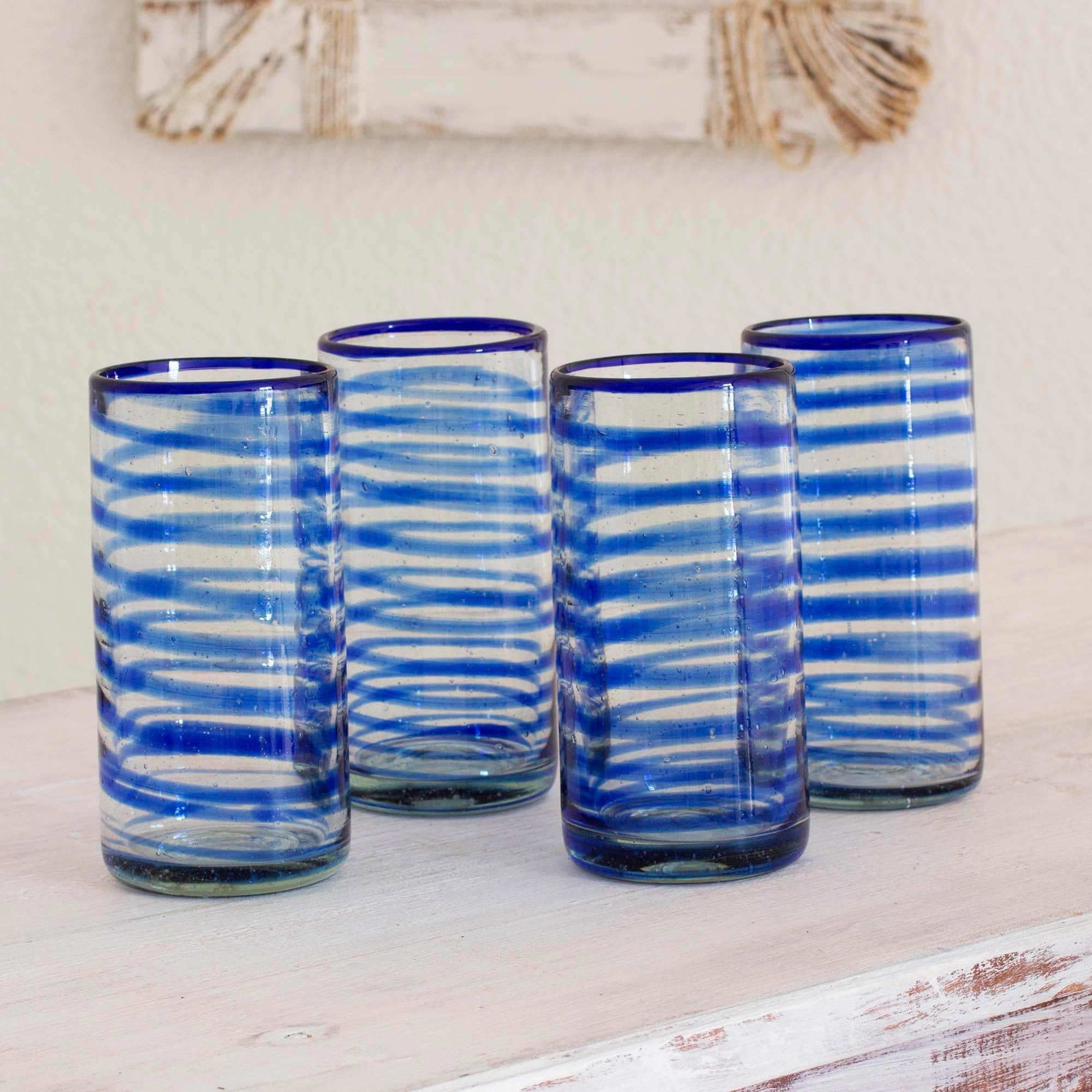 NOVICA Hand Blown Blue Recycled Glass Water Glasses - 9 Oz 'Whirlwind' Set of 4 - Eco-Friendly Drinking Cups for Home, Restaurant & Party Use