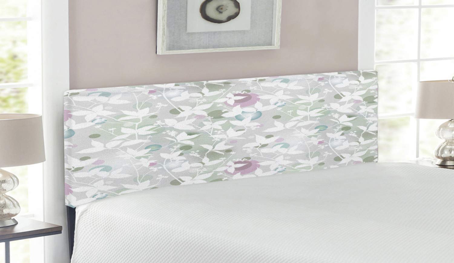 Ambesonne Floral Headboard - Vintage Style Spring Flower Pattern Upholstered Queen Size Bed Headboard with Memory Foam in White & Reseda Green | Perfect for Bedroom Decor, Guest Rooms & Cozy Home Makeovers