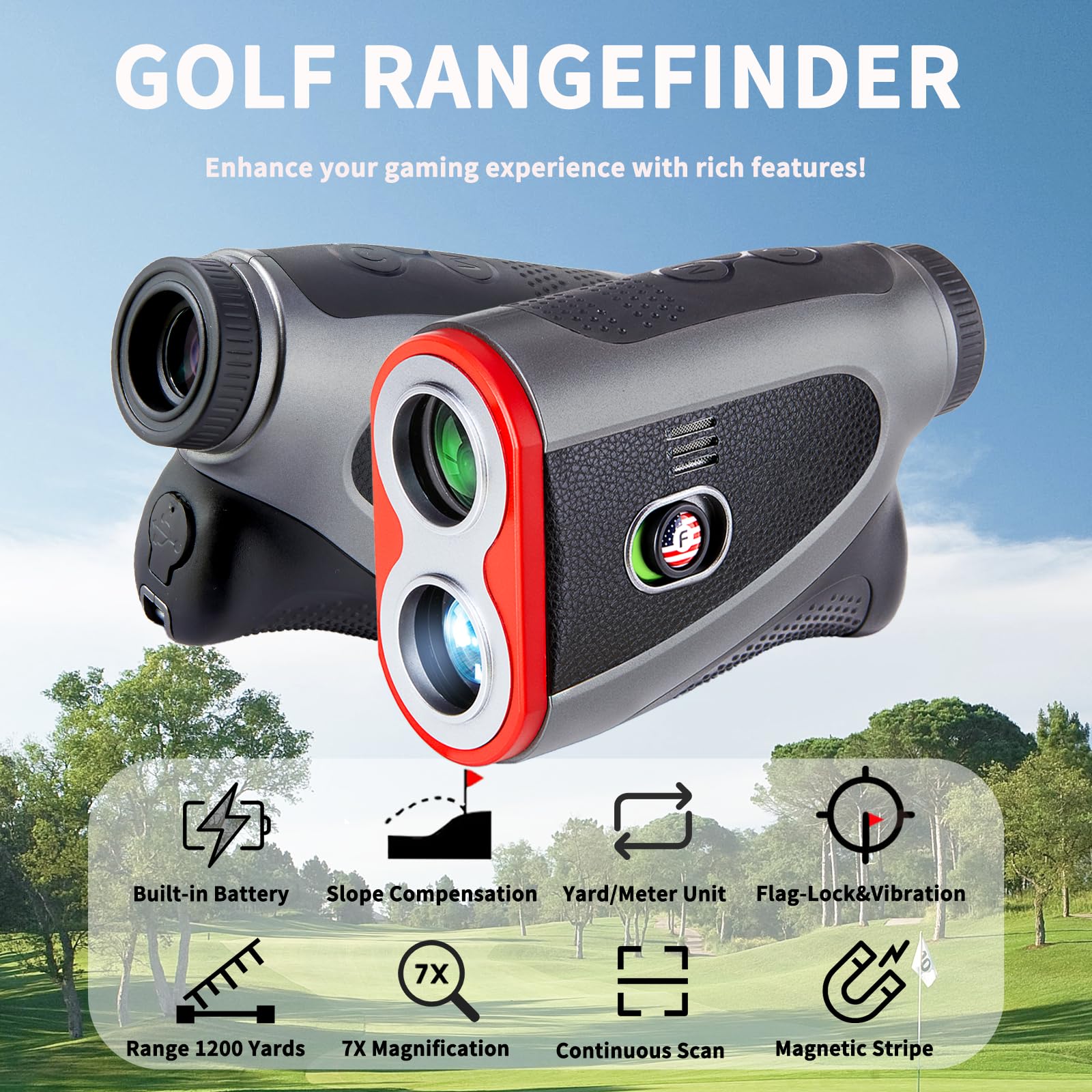 **1200 Yards Golf Rangefinder with Slope - Laser Range Finder with Flag Lock, Vibration, 7X Magnification & Rechargeable Battery | Magnetic Stripe & Premium Faux Leather | Perfect for Golfers, Hunters & Outdoor Enthusiasts**