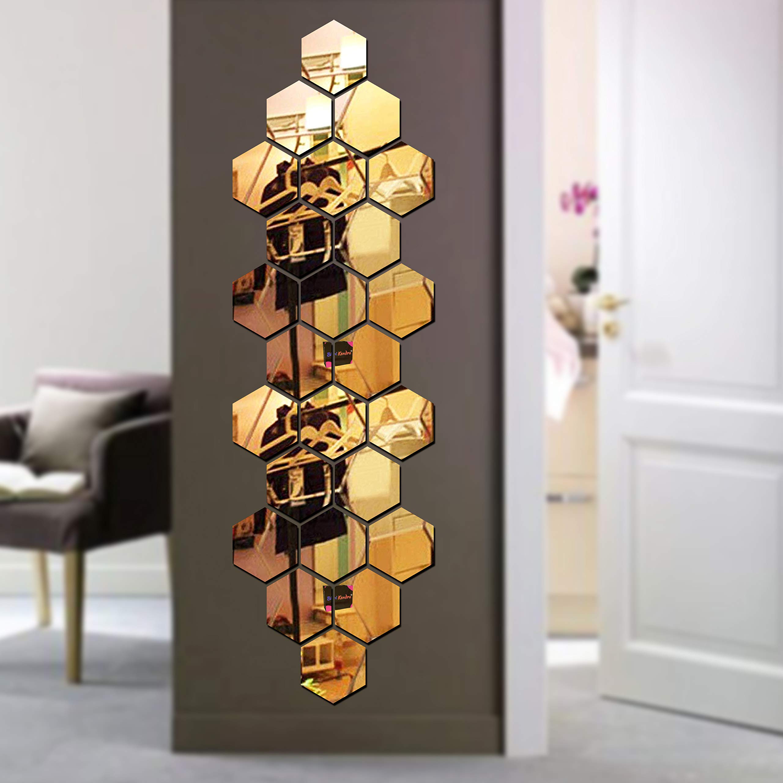Hexagon Acrylic Mirror Stickers - 24 Pack Gold Wall Decals for Home Decor, Bedroom, Living Room, Kitchen - Self-Adhesive Peel & Stick Hexagonal Mirror Tiles for DIY Wall Art and Modern Interior Design