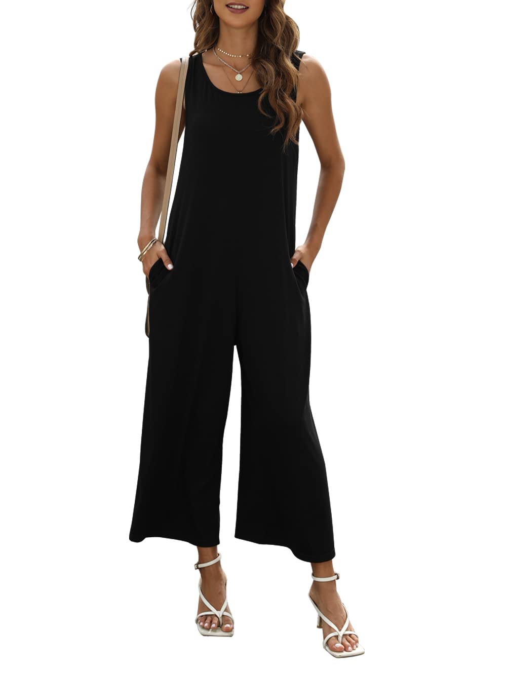Women's Sleeveless Crewneck Loose Tank Jumpsuit Romper - Summer Casual Outfit with Pockets | Perfect for Beach, Vacation & Everyday Wear