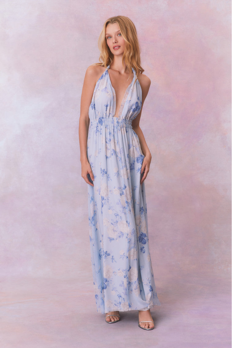 Love Fragrance Women's Halter Neck Maxi Dress - Floral Print Summer Beach Dress for Vacation, Party & Date Night