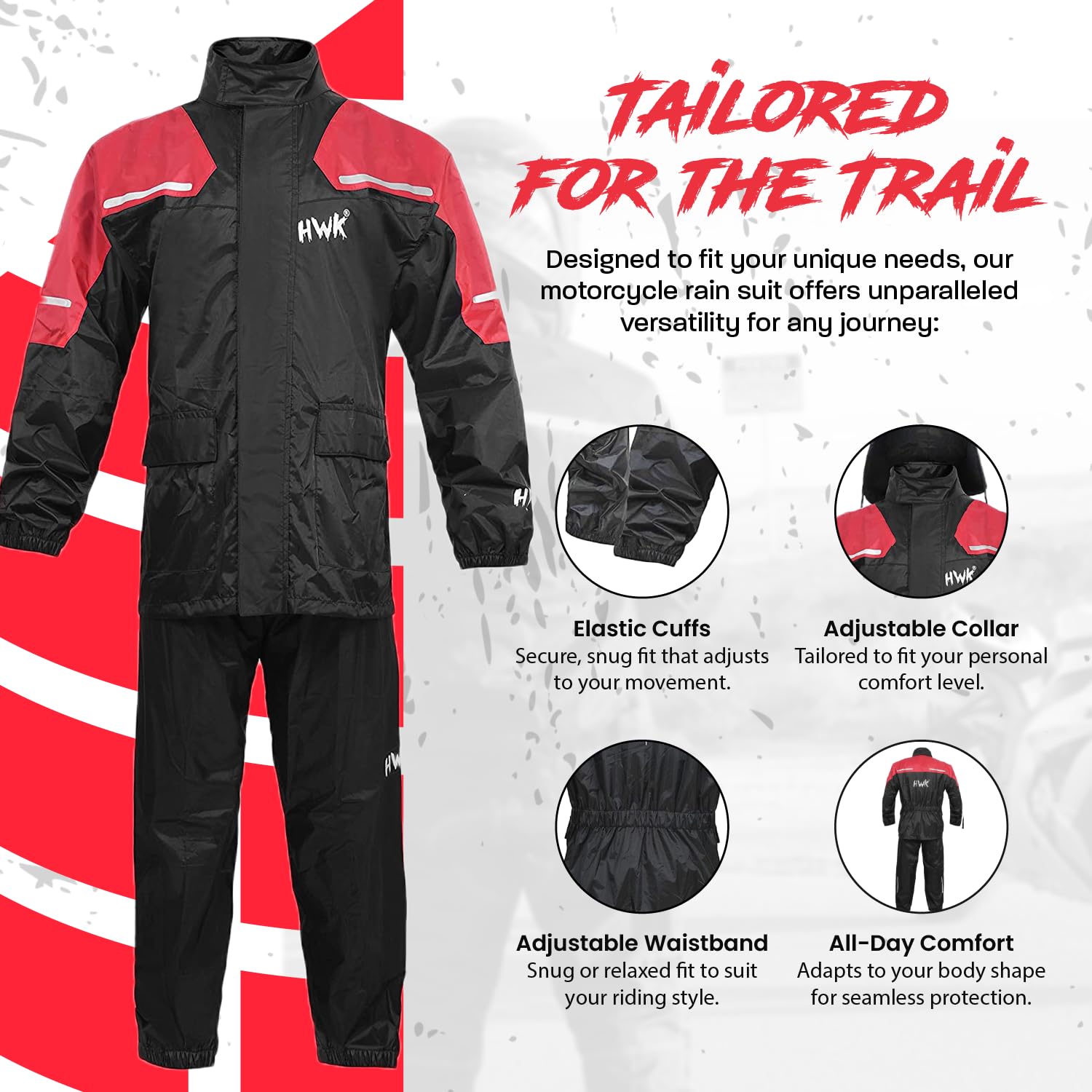 HWK Motorcycle Rain Suit for Men & Women - Waterproof 2-Piece Riding Gear with Reflective Jacket & Pants - All-Season Weatherproof Protection for Motorcycles, Bikes & Scooters - Red, X-Large - Ideal for Commuting, Touring & Adventure Riding in Rainy Weather