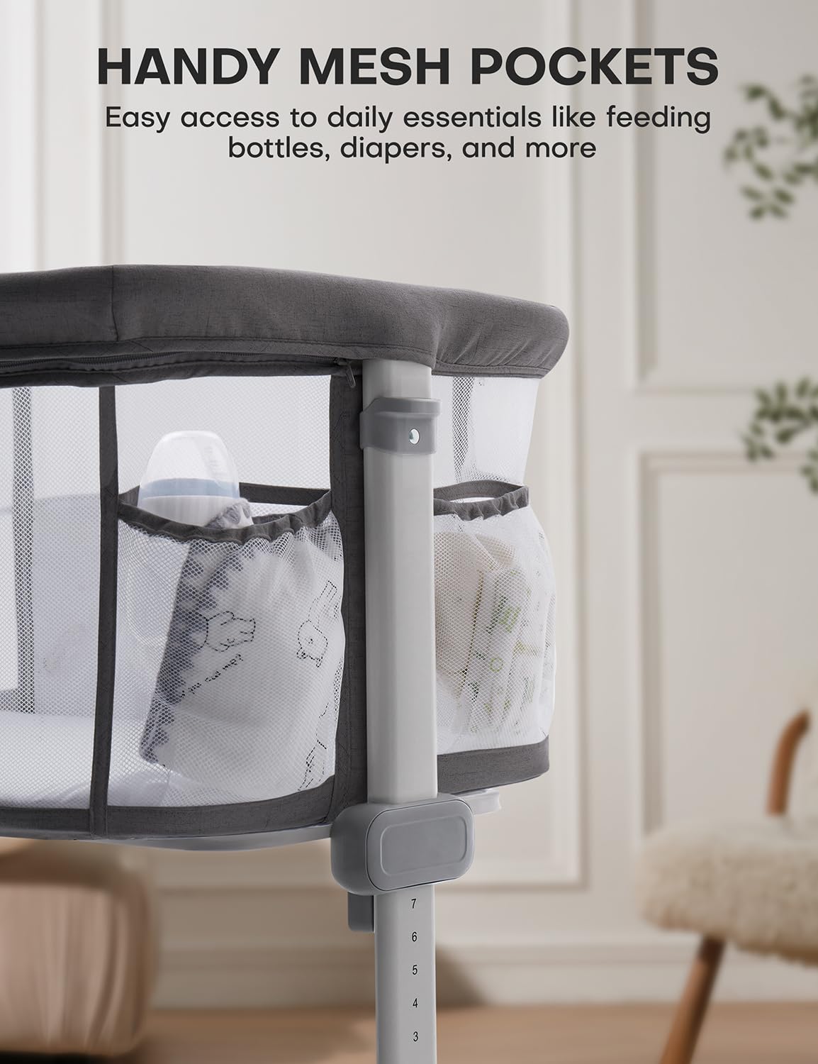 Besrey Baby Bassinet Bedside Sleeper - Breathable Mesh Crib for Newborns with Adjustable Height & 360° Wheels | Portable Infant Bed with Storage Pockets | Perfect for Nursery, Bedroom & Travel