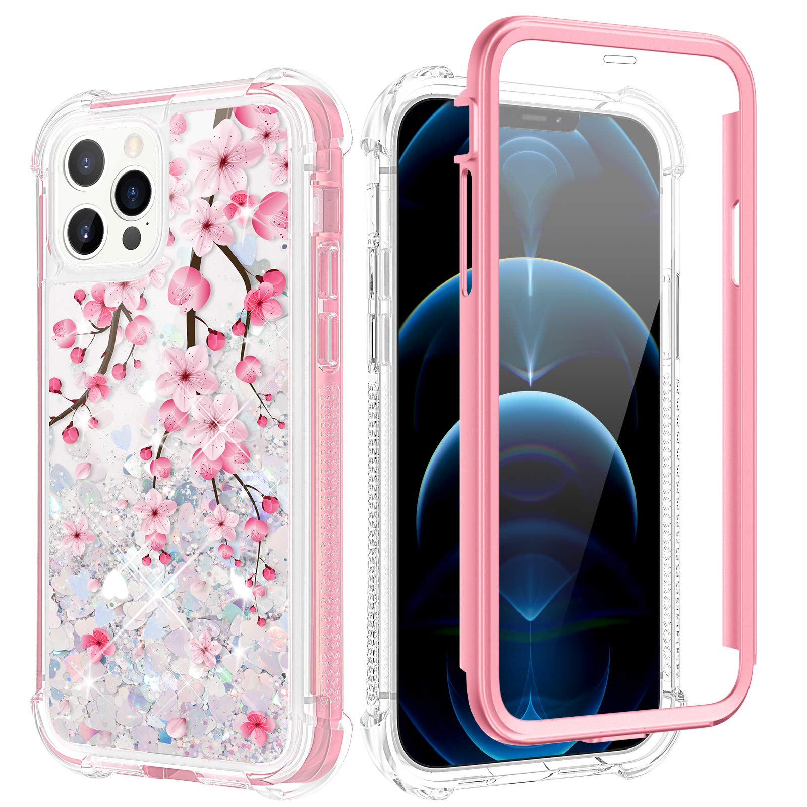 Caka Glitter Flower Shockproof Case for iPhone 12 Pro Max with Built-in Screen Protector - Liquid Quicksand Design for Women & Girls - Perfect for Everyday Use, Parties & Travel (Cherry)