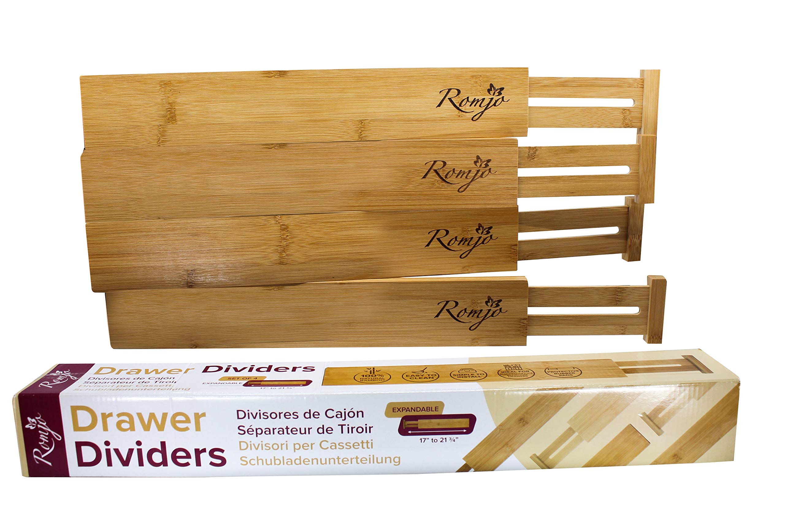 Adjustable Bamboo Drawer Organizers - Set of 4 for Kitchen Utensils (17-21.75
