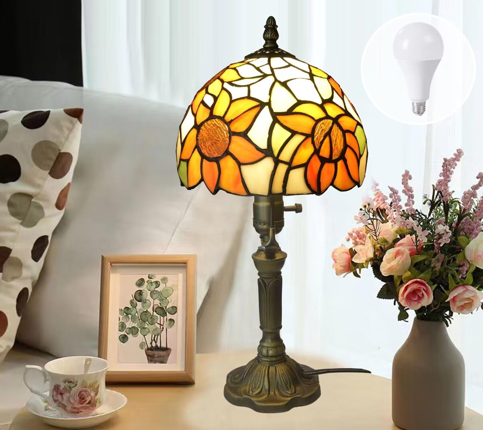 Tiffany Style Stained Glass Table Lamp - Yellow Sunflower Design with 3-Way LED E26 Bulb for Bedroom, Living Room, Office | Vintage Decor & Cozy Lighting Solution
