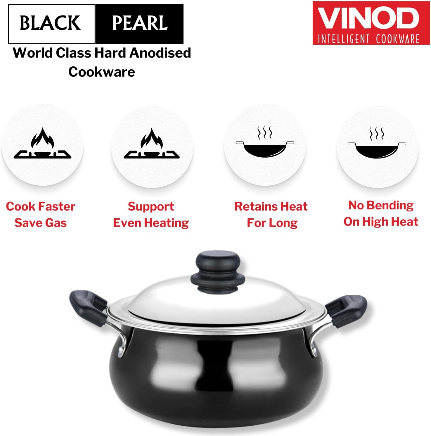 Vinod Black Pearl Hard Anodised Handi with Lid 5.0 Liters Medium - Premium Cookware for Indian Cooking, Biryani & Curry - Durable Aluminum Pot for Stovetop & Oven Use